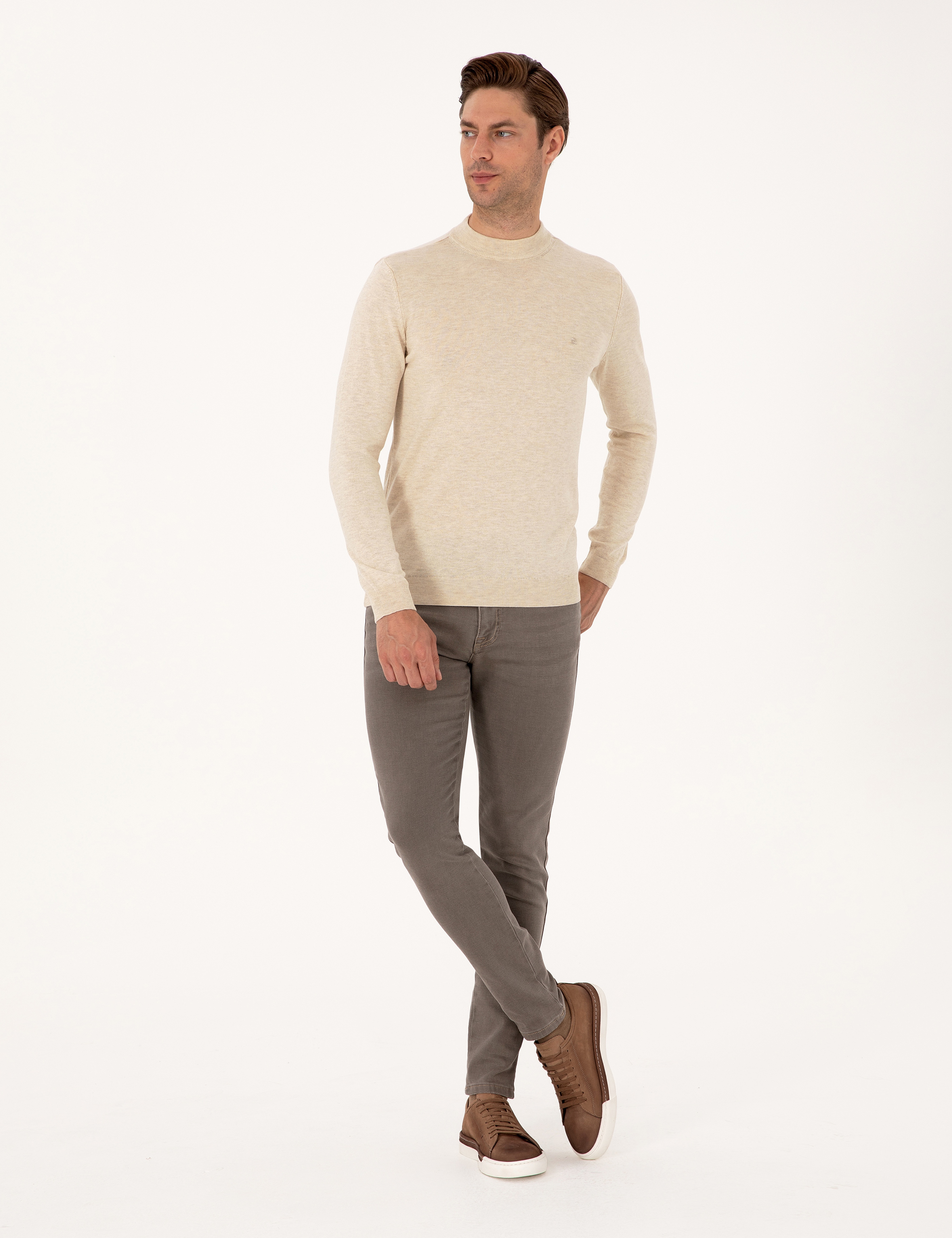 Krem Melanj Slim Fit Çeyrek Yaka Basic Triko Kazak