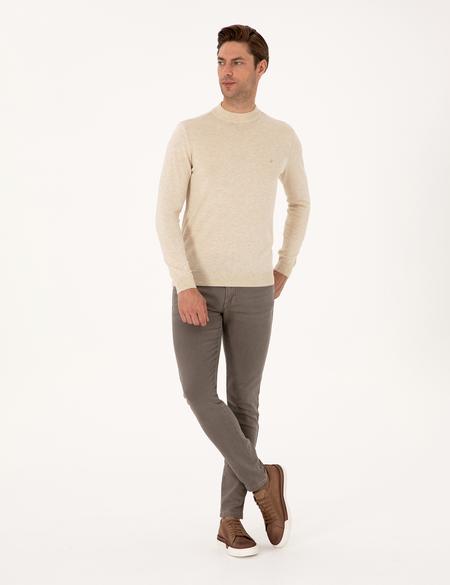 Krem Melanj Slim Fit Çeyrek Yaka Basic Triko Kazak - 50314188047