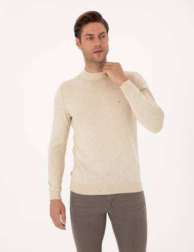 Krem Melanj Slim Fit Çeyrek Yaka Basic Triko Kazak