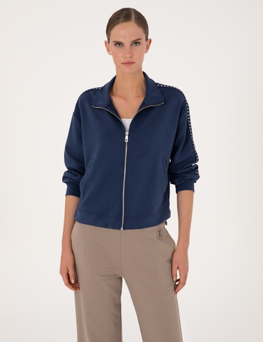 Lacivert Oversize Modal Karışımlı Fermuarlı Sweatshirt