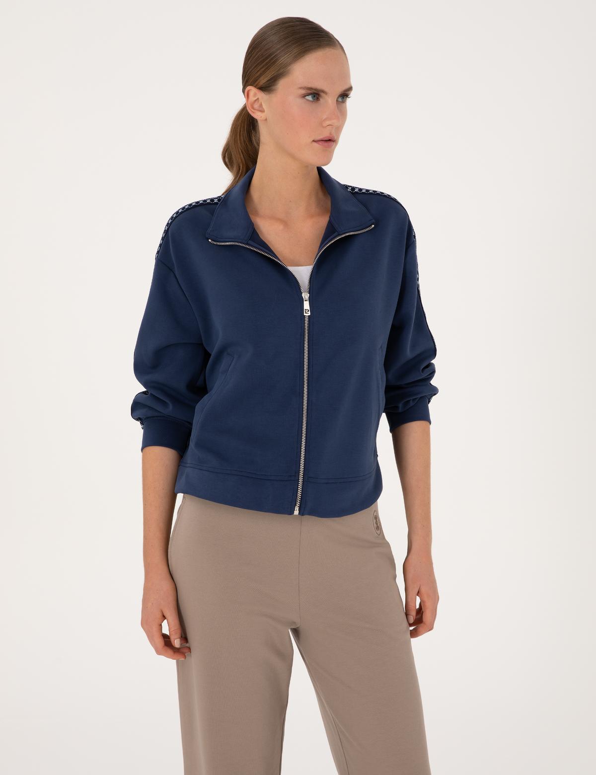 Lacivert Oversize Modal Karışımlı Fermuarlı Sweatshirt - 50309115004