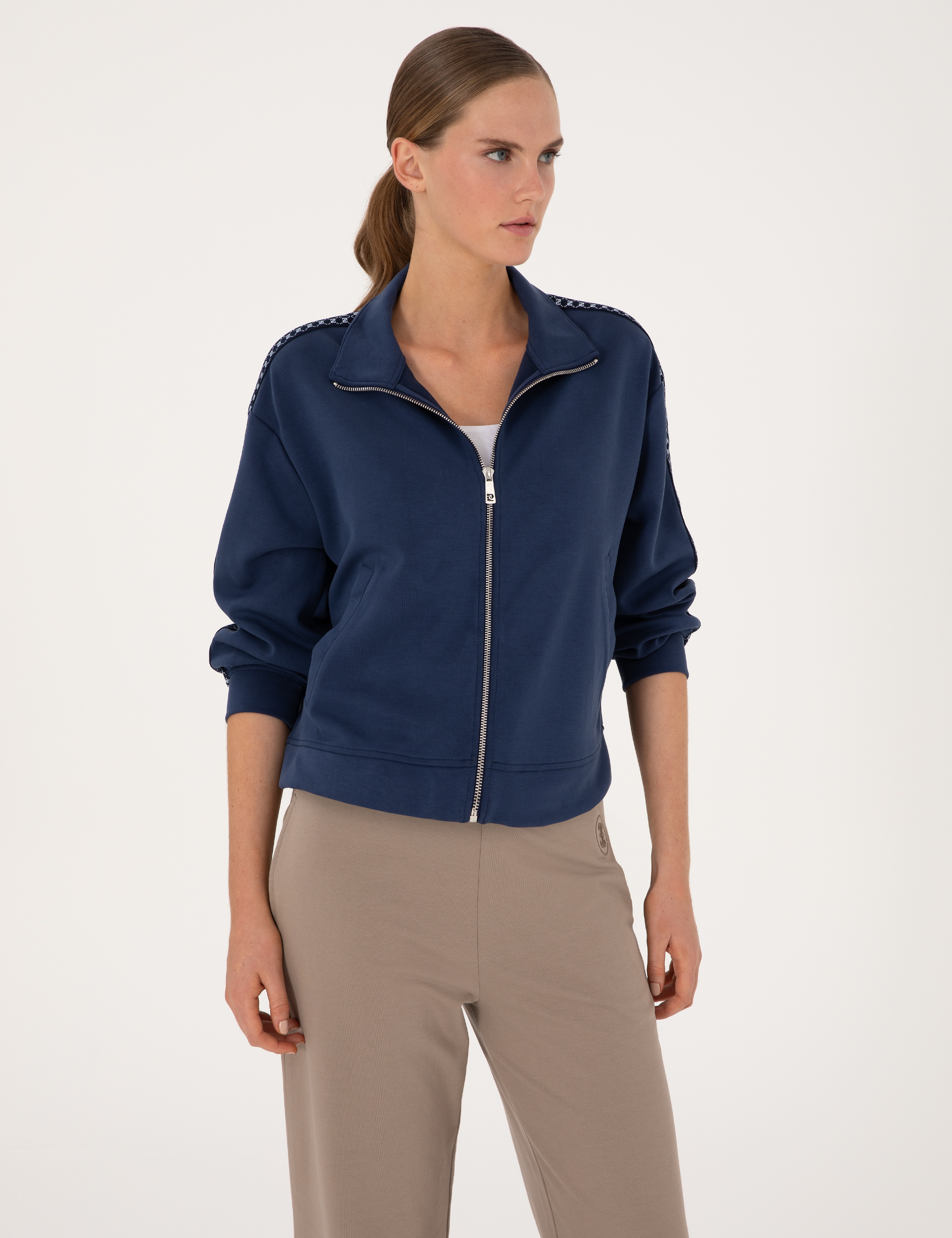 Lacivert Oversize Modal Karışımlı Fermuarlı Sweatshirt
