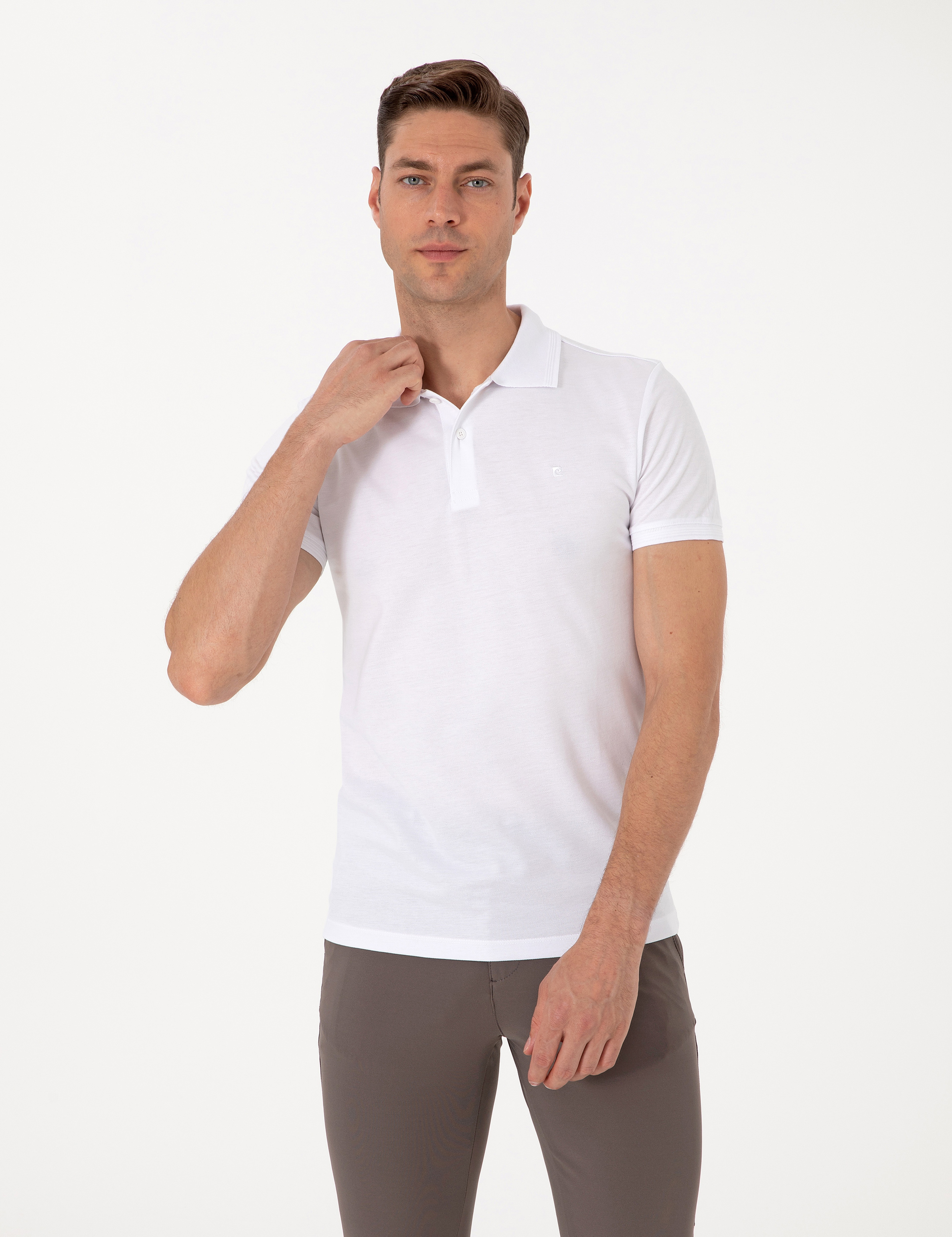 Beyaz Slim Fit %100 Pamuk Polo Yaka Basic Tişört - Image 3