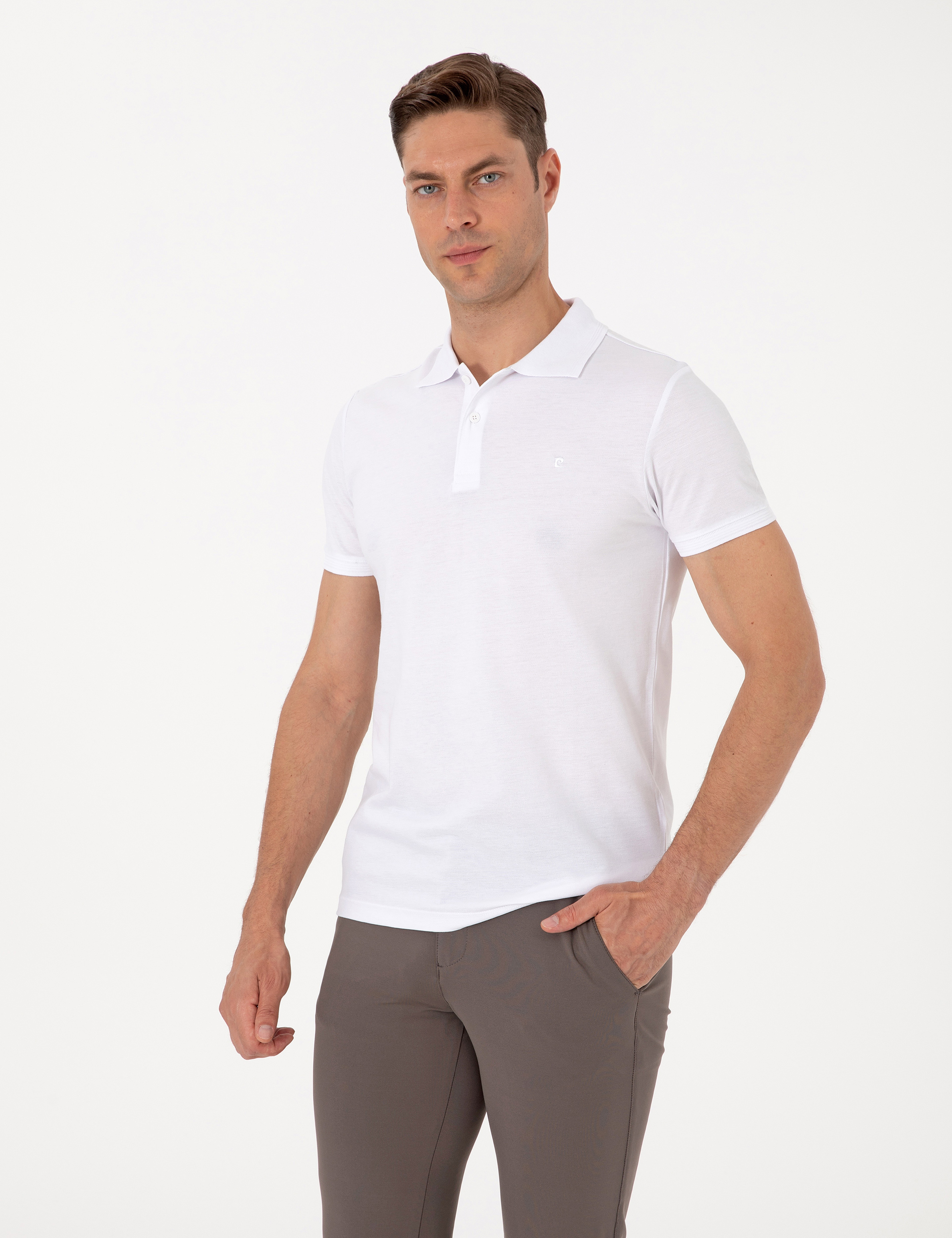 Beyaz Slim Fit %100 Pamuk Polo Yaka Basic Tişört - Image 1