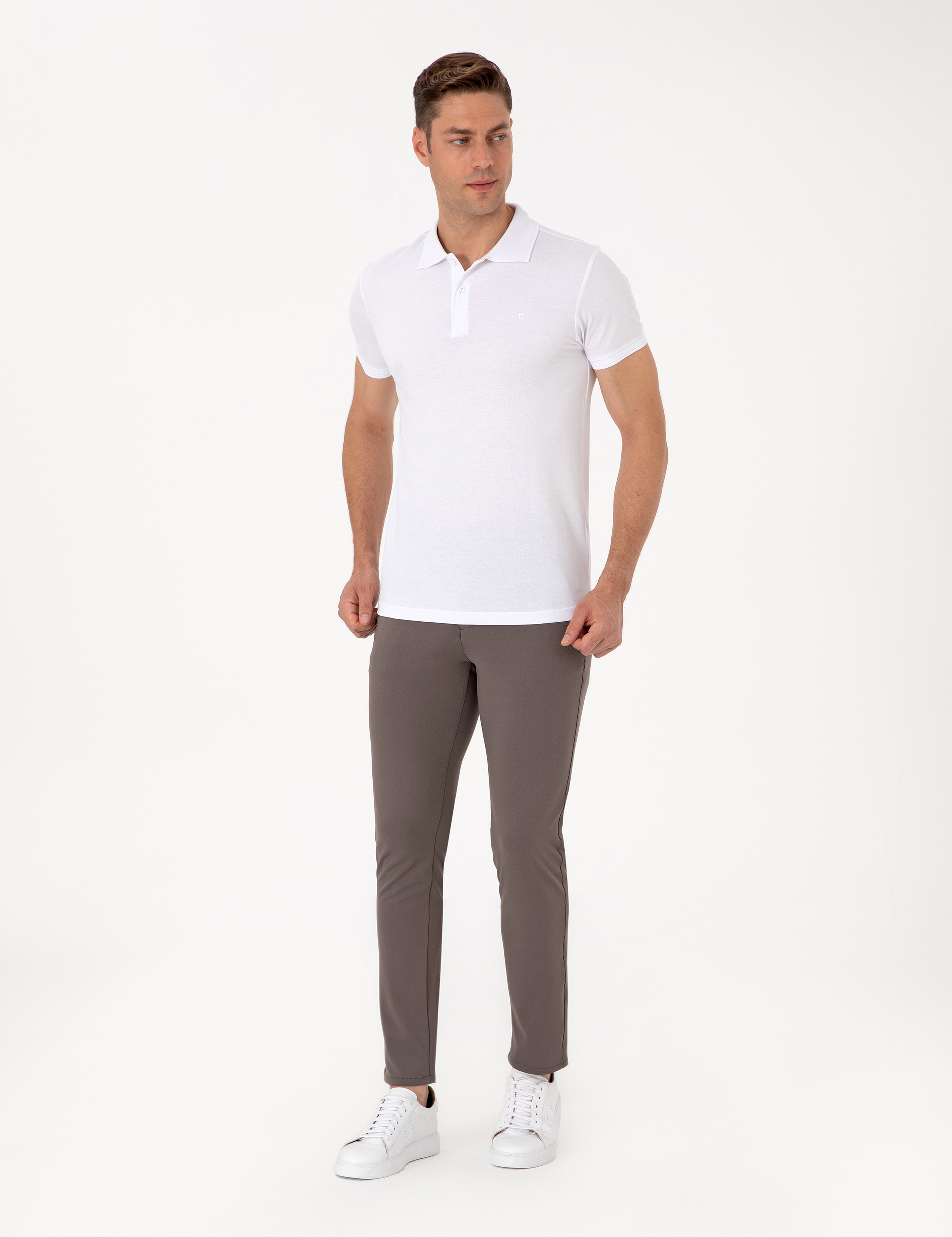 Beyaz Slim Fit %100 Pamuk Polo Yaka Basic Tişört - Image 4