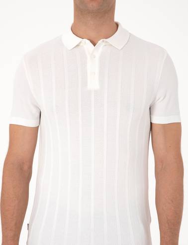Ekru Slim Fit Polo Yaka Düğmeli Triko Tişört