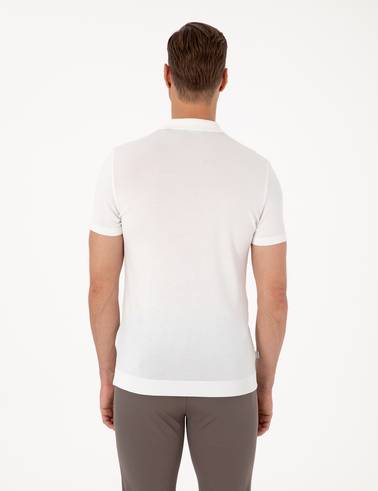 Ekru Slim Fit Polo Yaka Düğmeli Triko Tişört