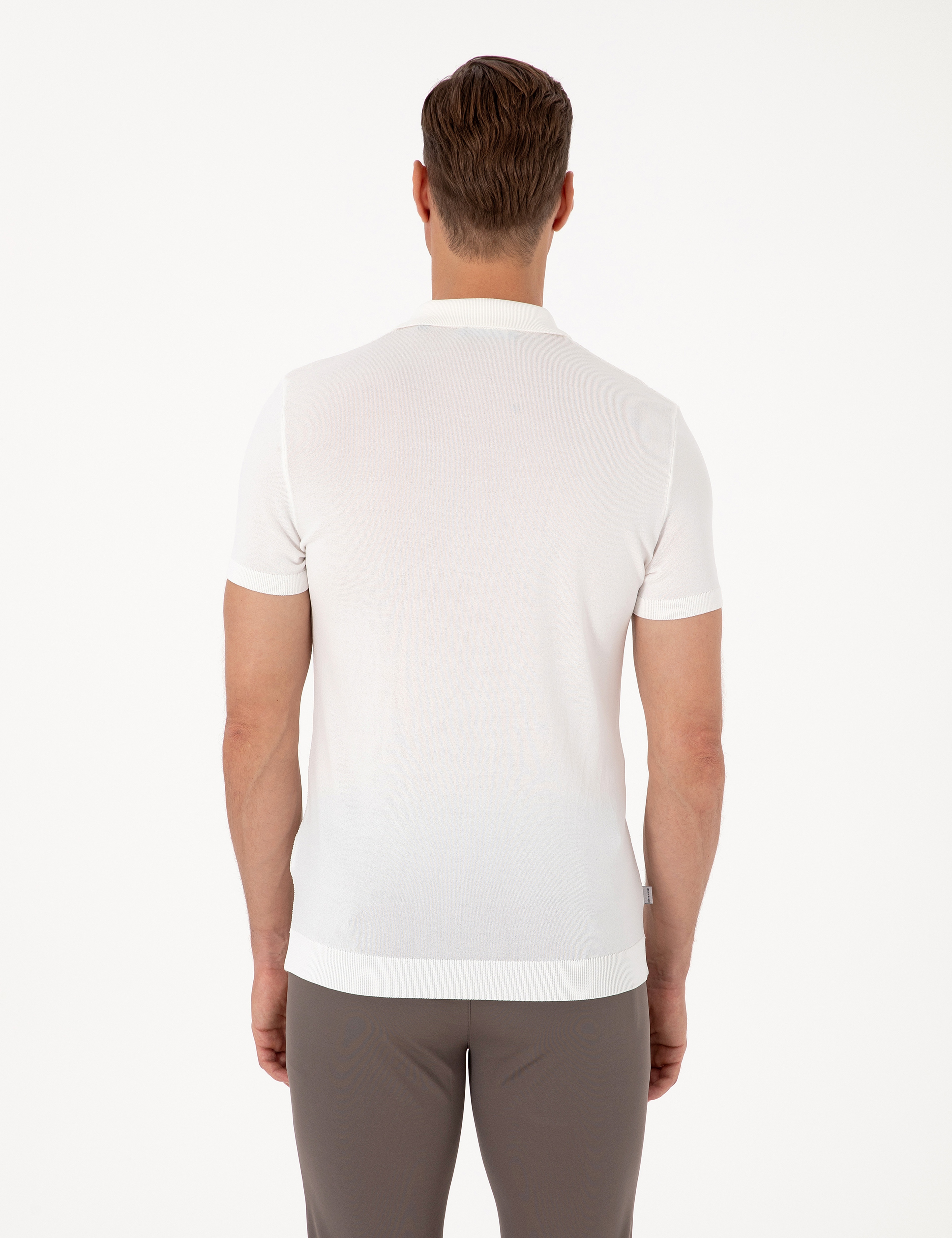 Ekru Slim Fit Polo Yaka Düğmeli Triko Tişört