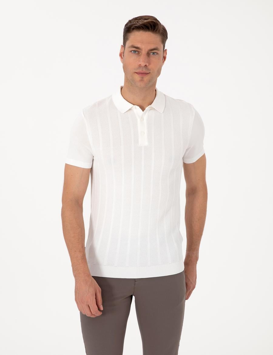 Ekru Slim Fit Polo Yaka Düğmeli Triko Tişört