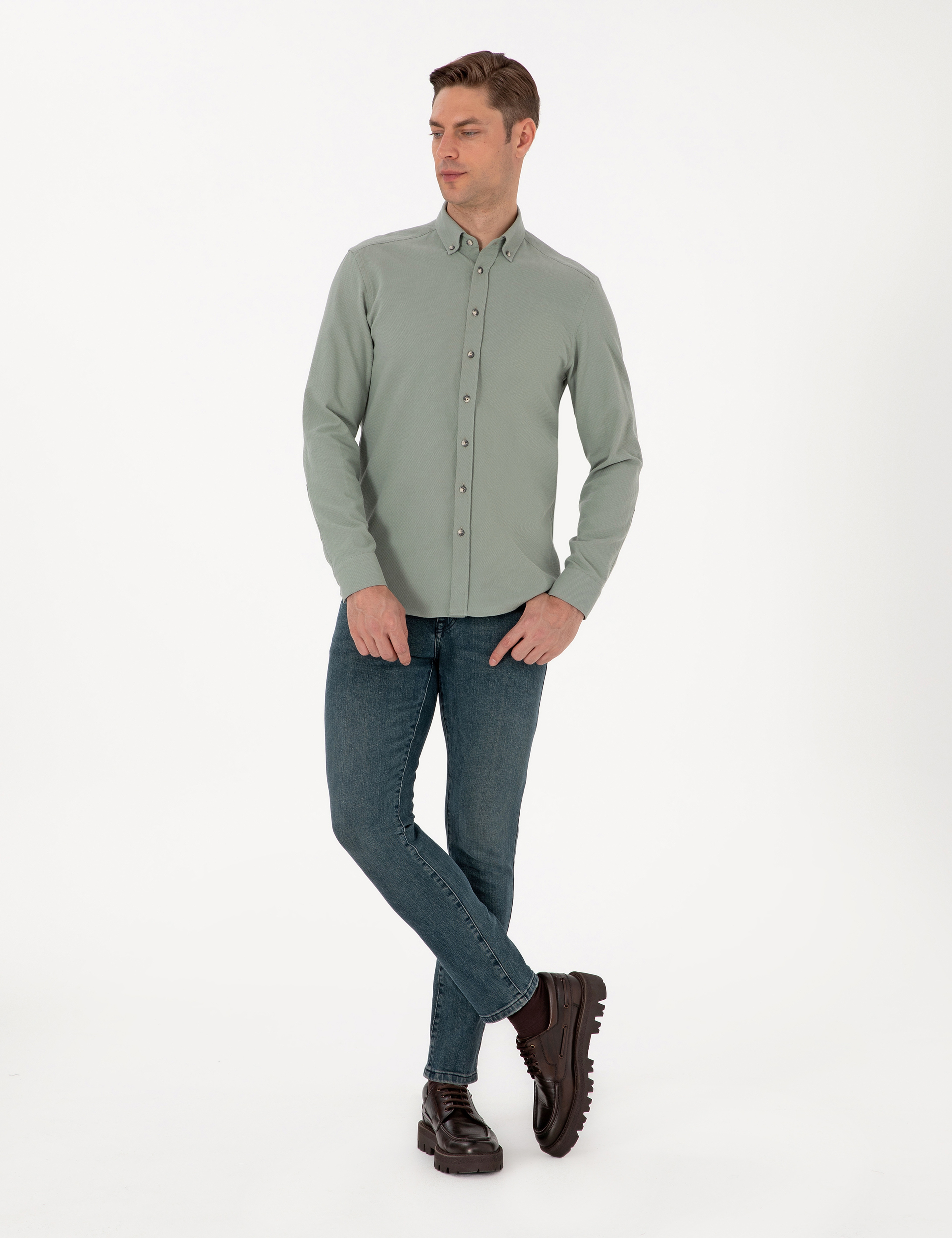 Açık Yeşil Slim Fit Uzun Kollu Gömlek - Image 4