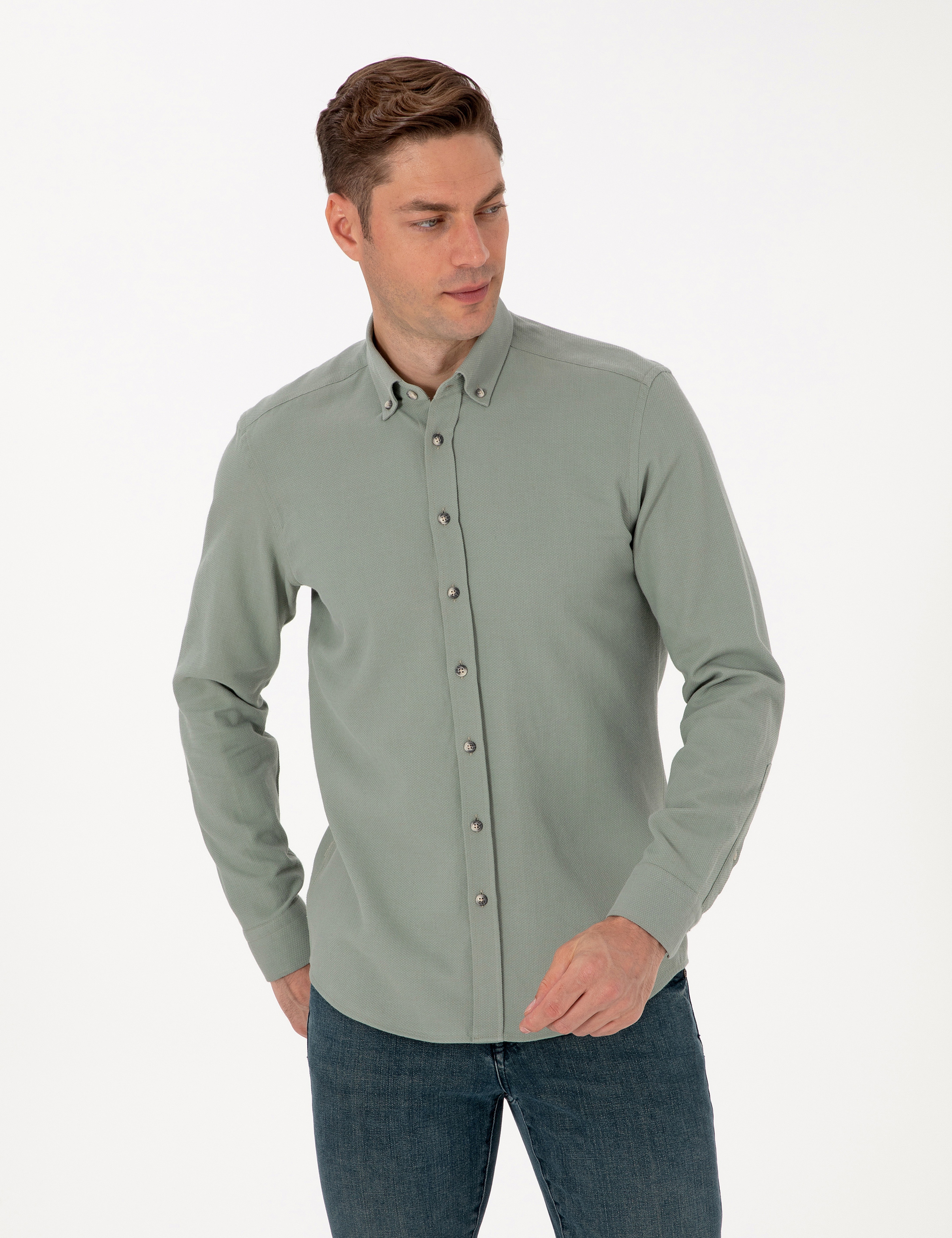 Açık Yeşil Slim Fit Uzun Kollu Gömlek - Image 3
