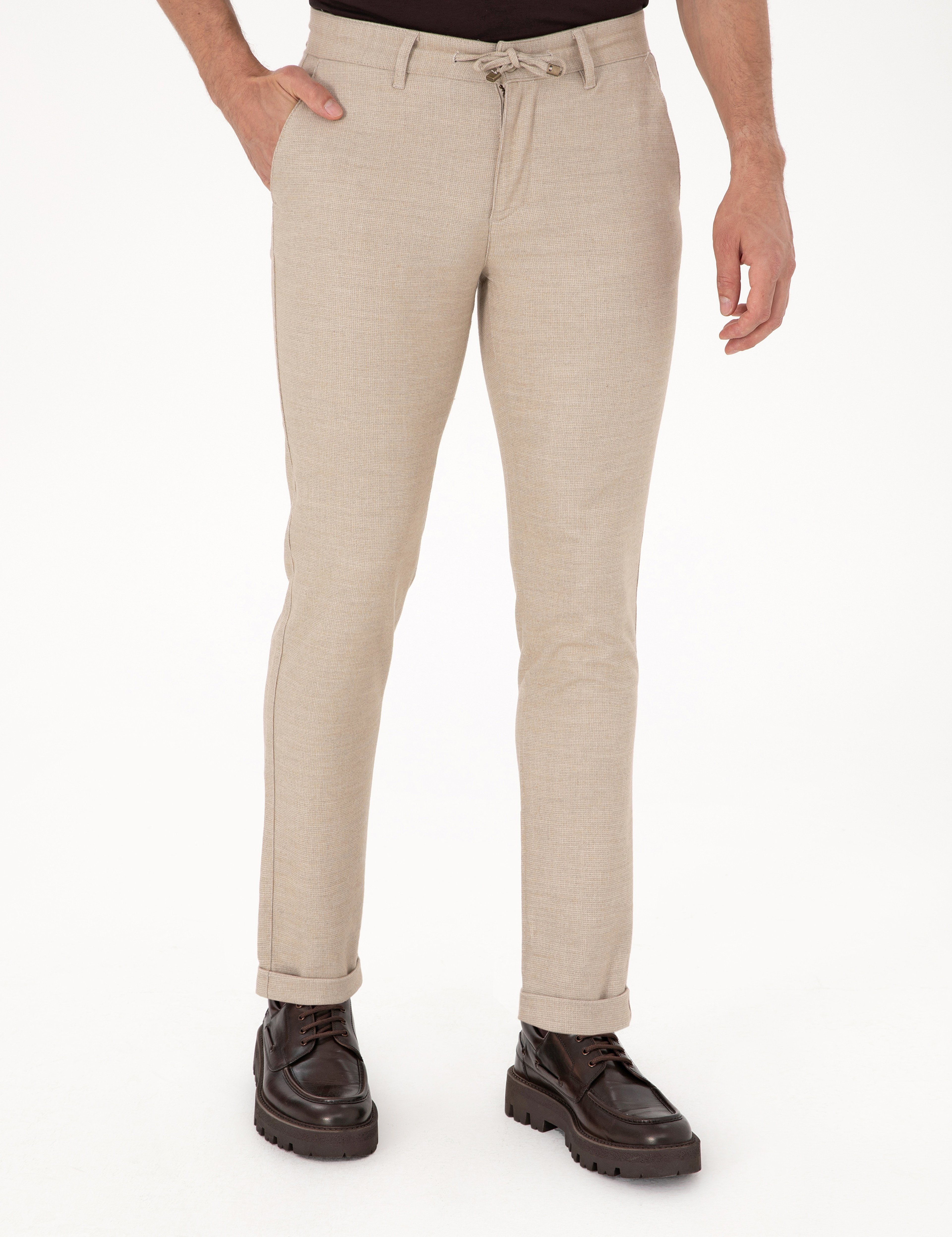 Bej Slim Fit Kordonlu Kanvas Pantolon - Image 2