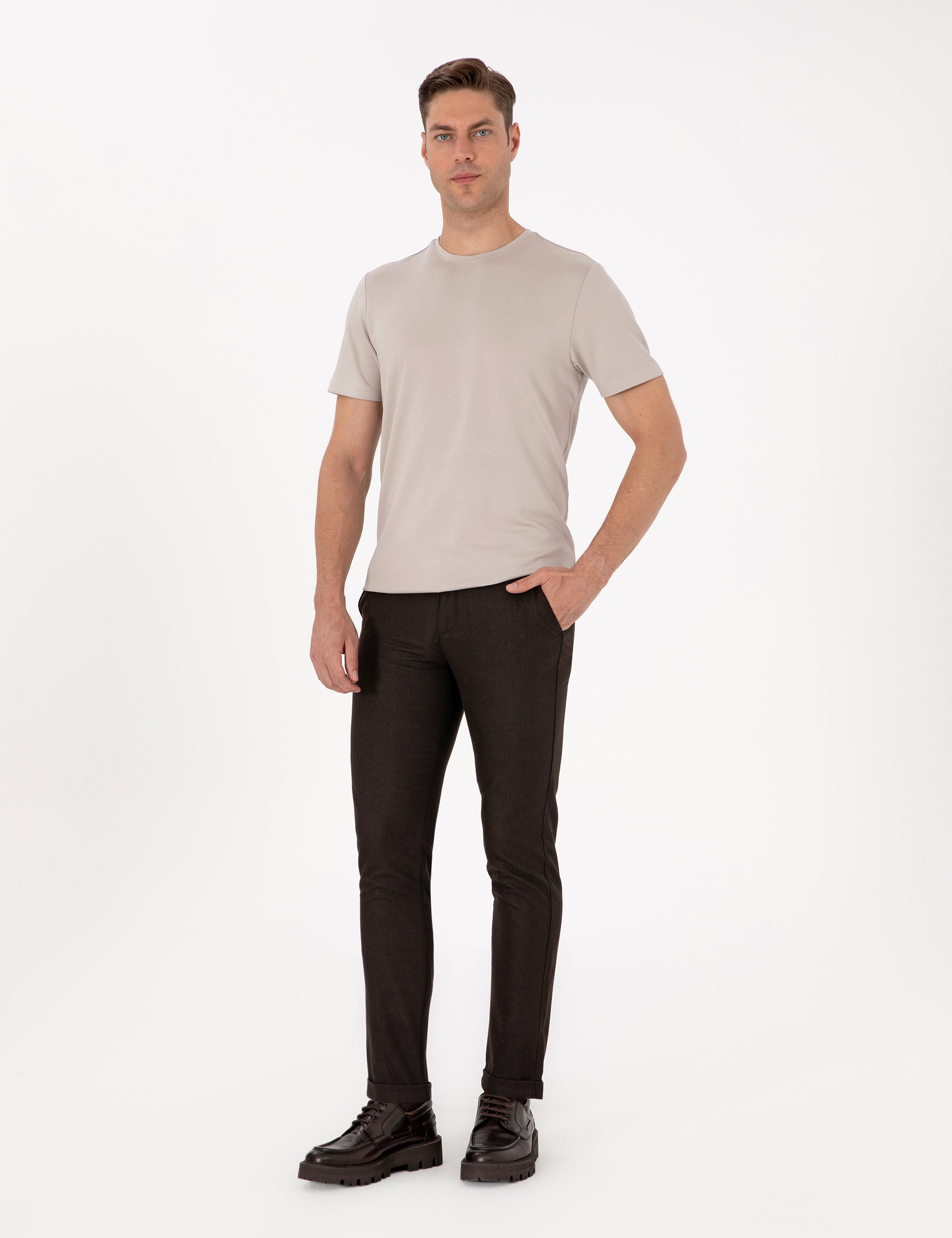 Koyu Kahverengi Slim Fit Kordonlu Kanvas Pantolon