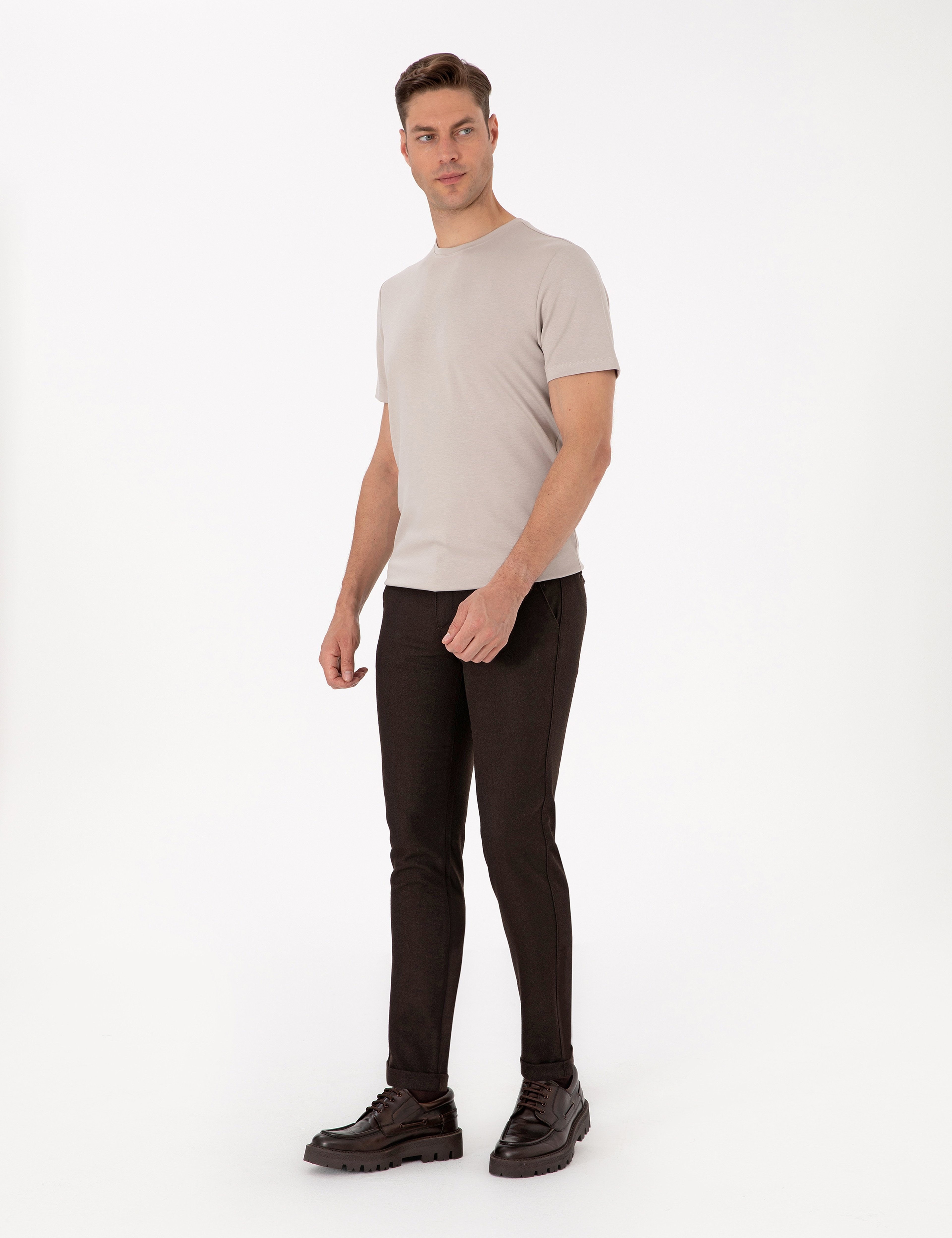 Koyu Kahverengi Slim Fit Kordonlu Kanvas Pantolon