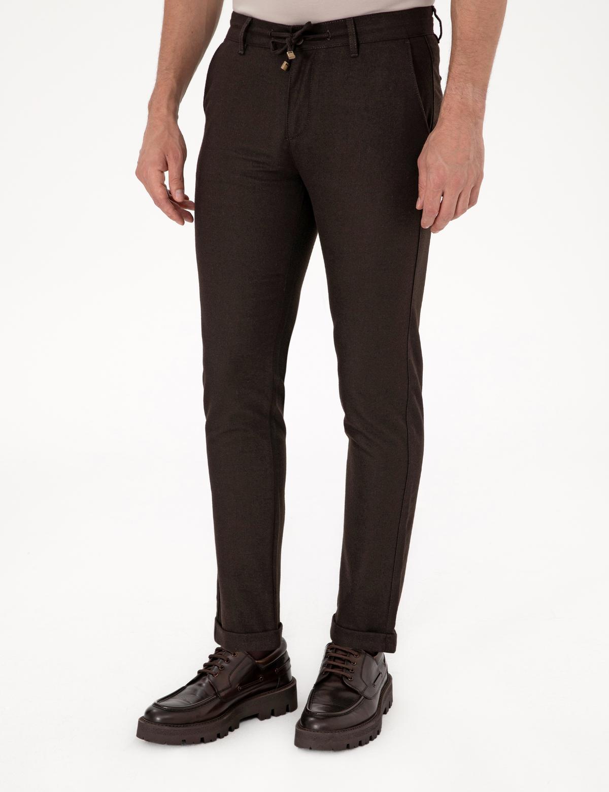 Koyu Kahverengi Slim Fit Kordonlu Kanvas Pantolon - 50310829156