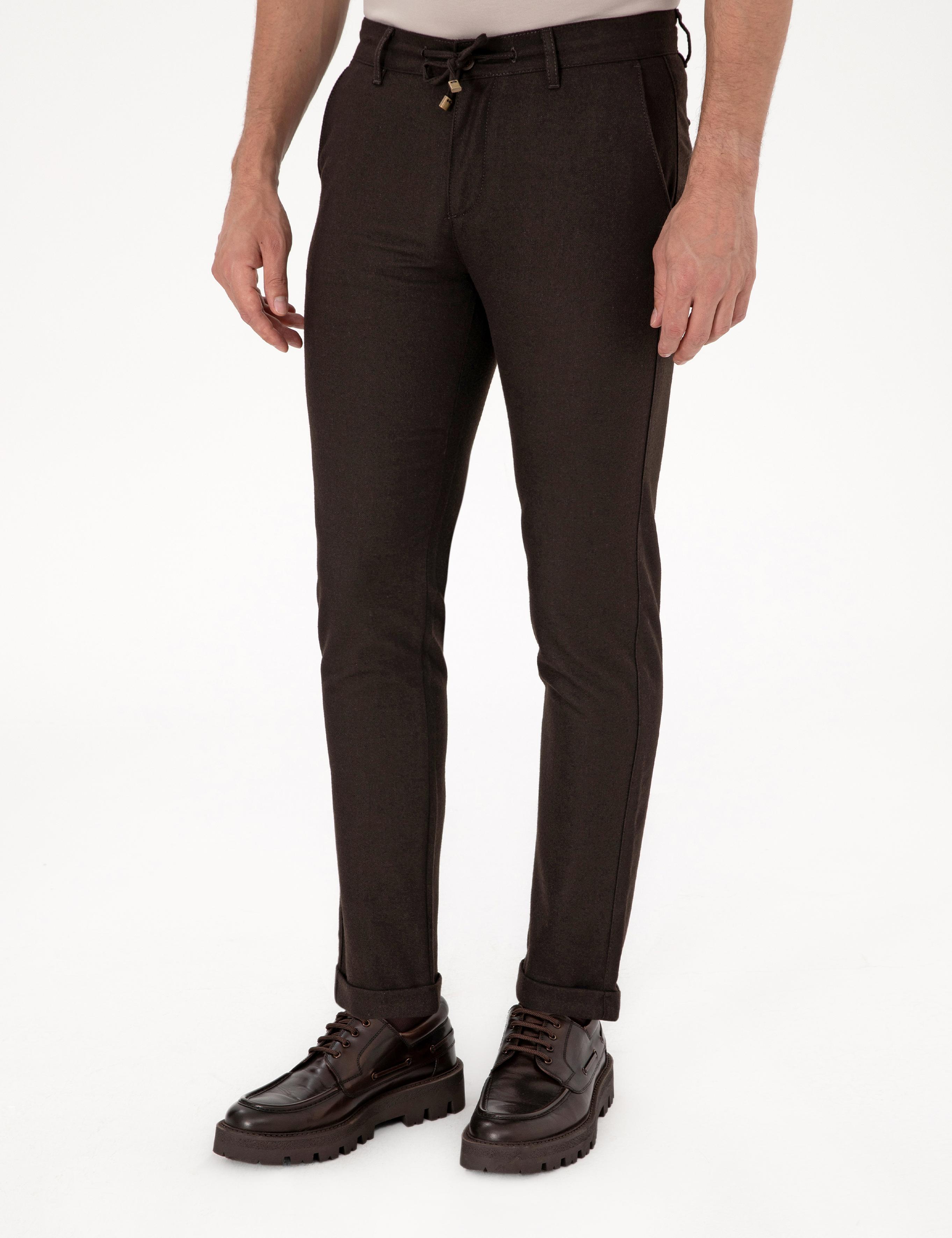 Koyu Kahverengi Slim Fit Kordonlu Kanvas Pantolon