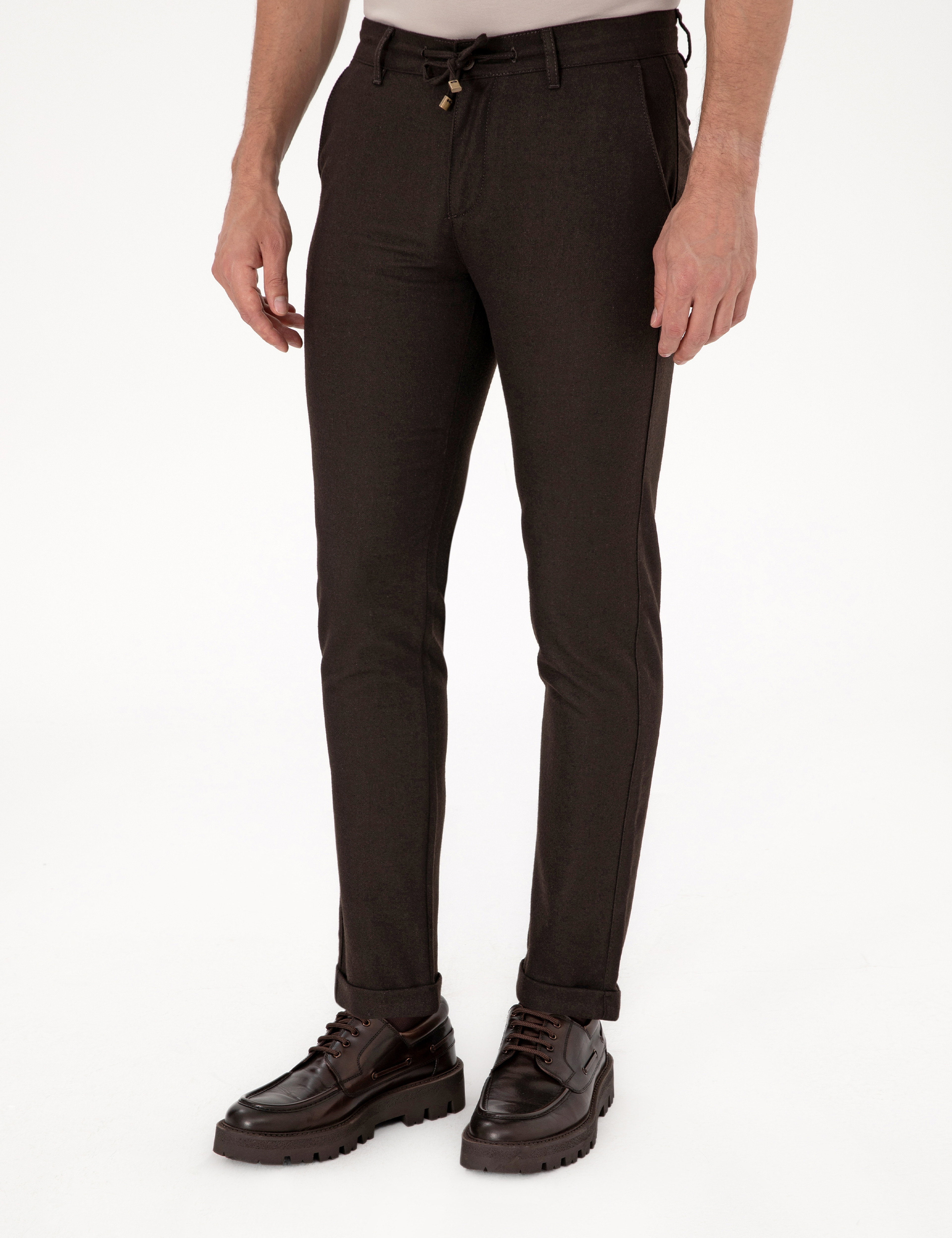 Koyu Kahverengi Slim Fit Kordonlu Kanvas Pantolon