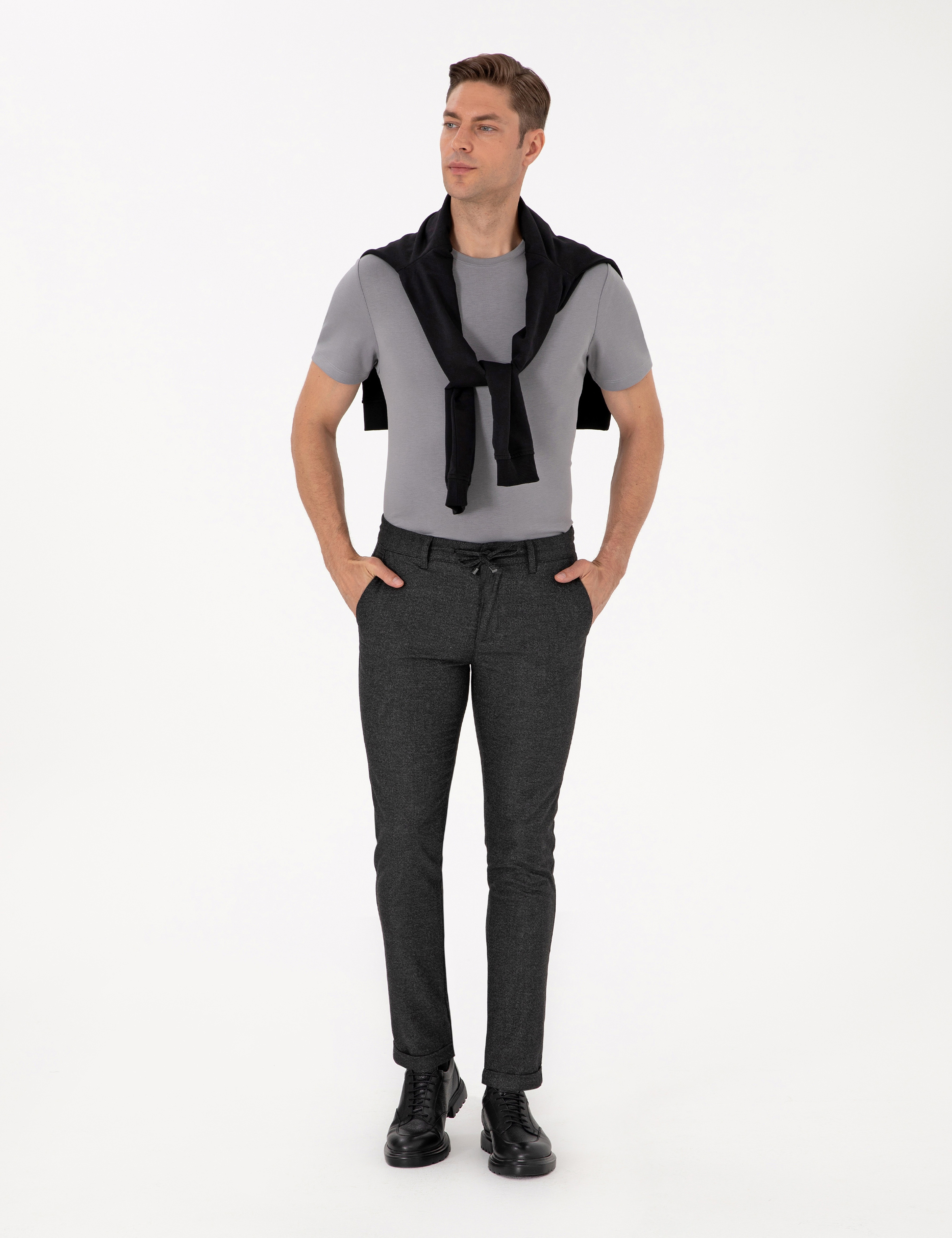 Antrasit Slim Fit Kordonlu Kanvas Pantolon - Image 3
