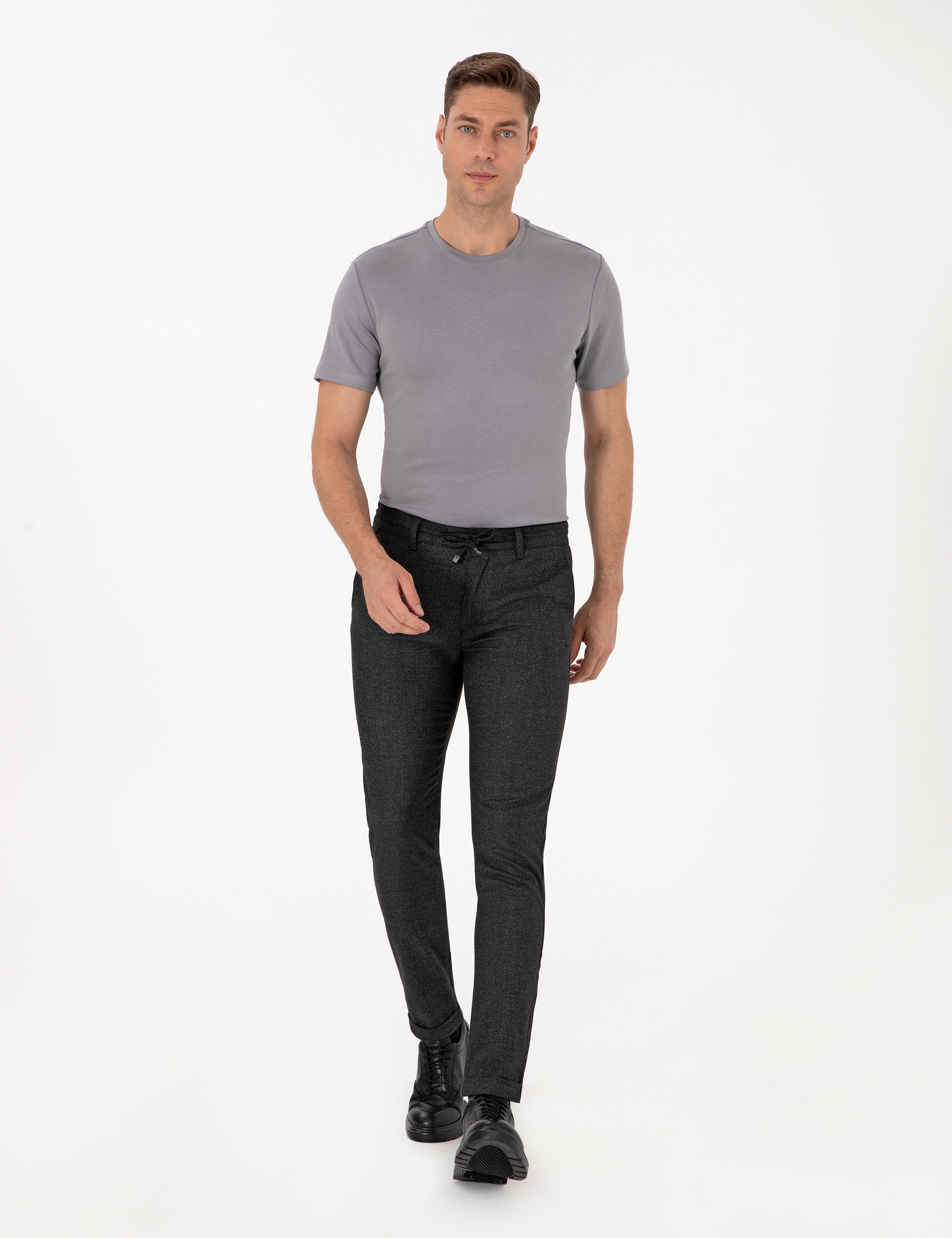 Antrasit Slim Fit Kordonlu Kanvas Pantolon - Image 1