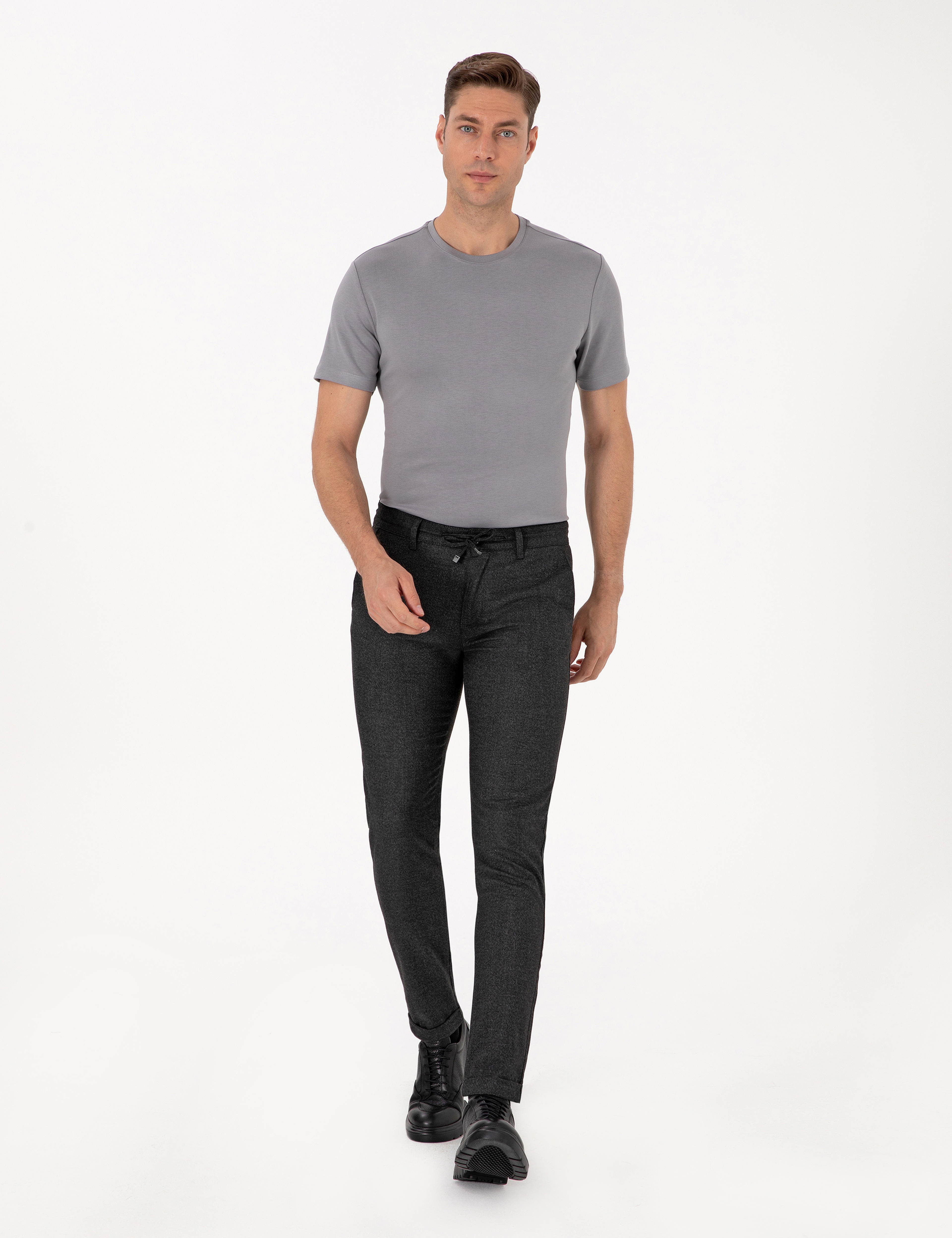 Antrasit Slim Fit Kordonlu Kanvas Pantolon