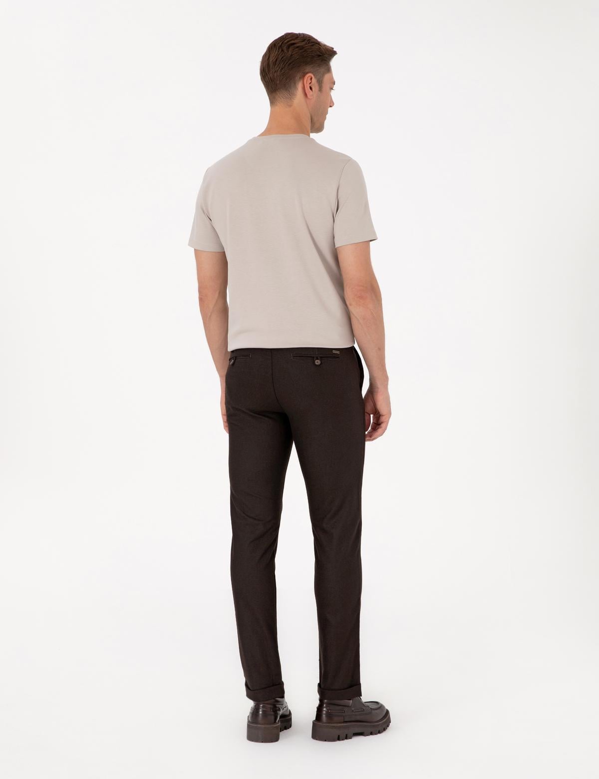 Koyu Kahverengi Slim Fit Kordonlu Kanvas Pantolon - 50310829156