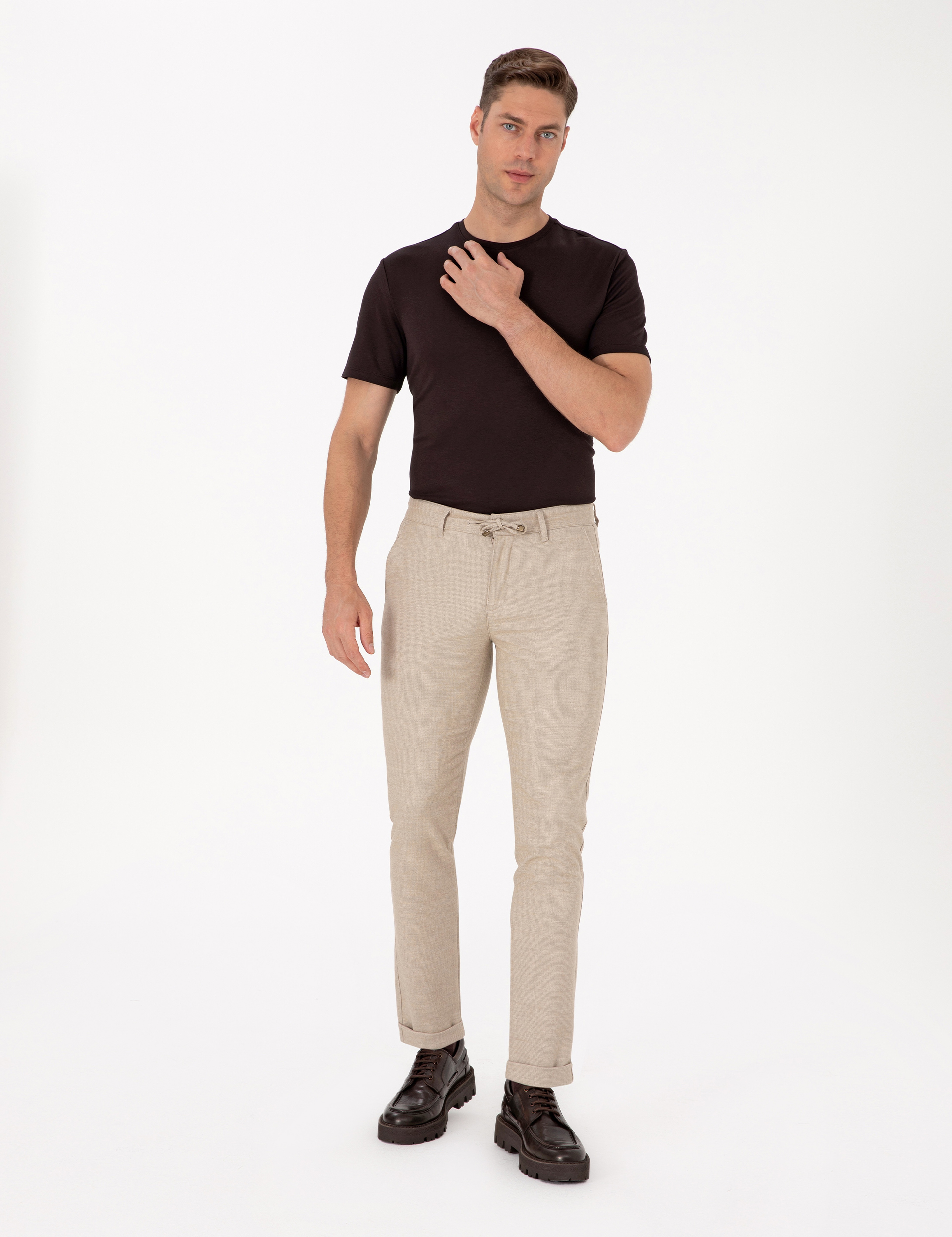 Bej Slim Fit Kordonlu Kanvas Pantolon - Image 3