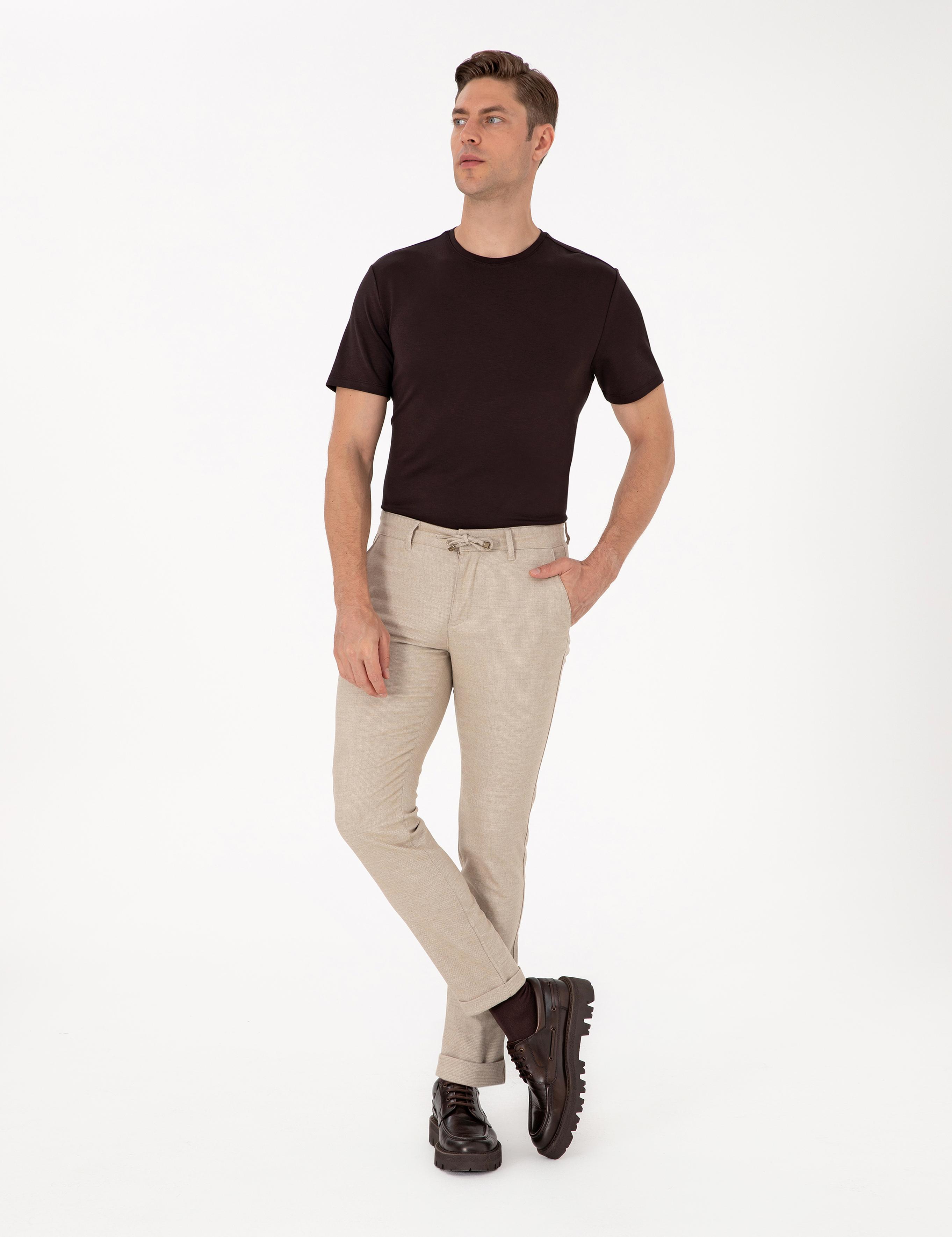 Bej Slim Fit Kordonlu Kanvas Pantolon