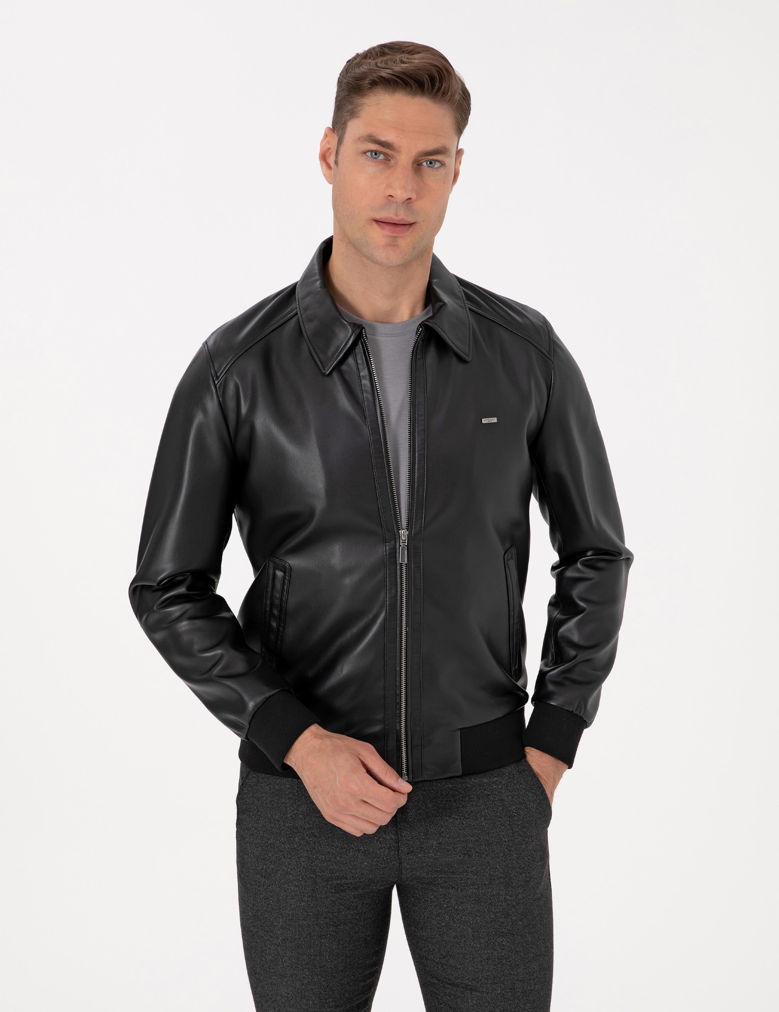 Siyah Gömlek Yaka Suni Deri Ceket