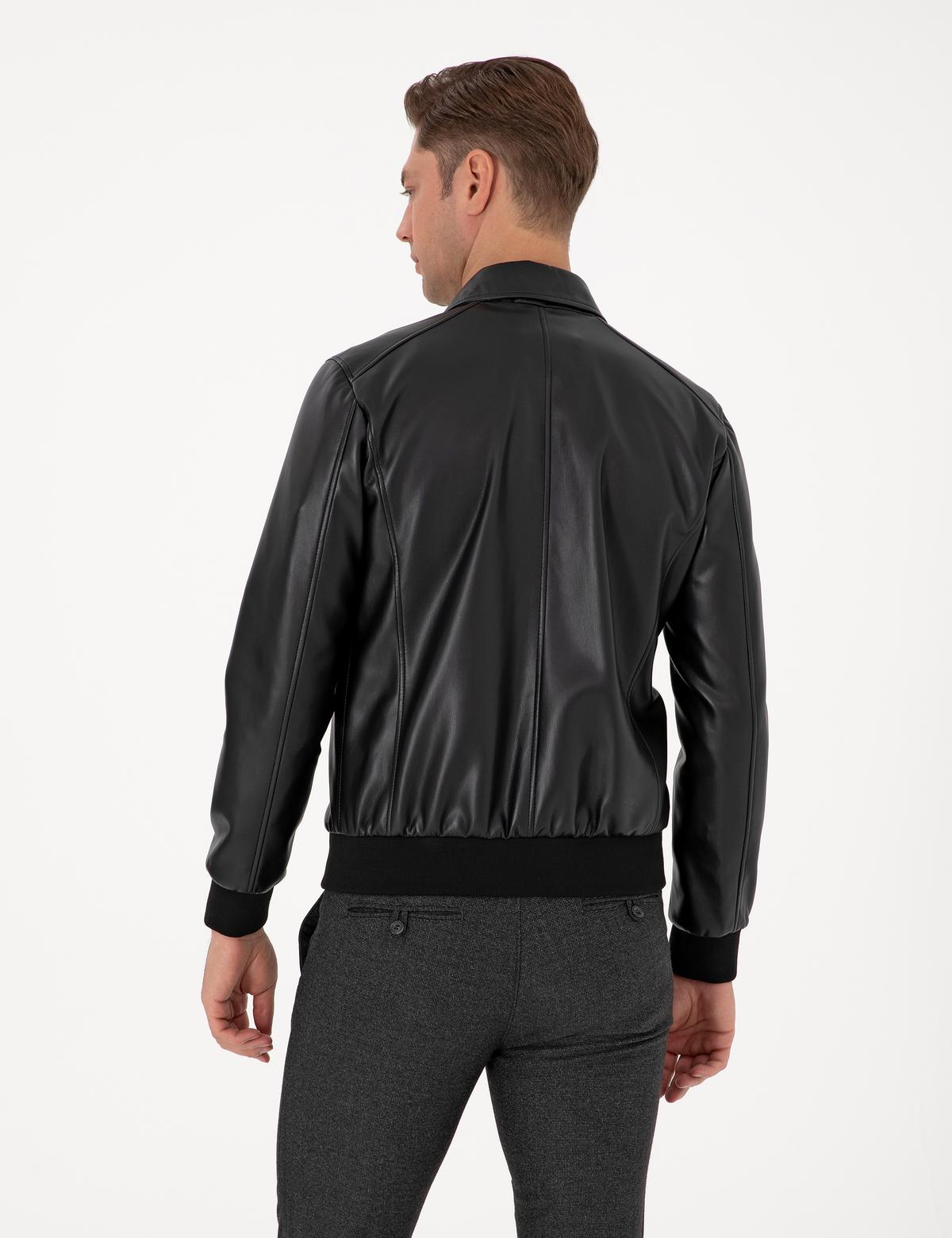 Siyah Gömlek Yaka Suni Deri Ceket - 50318151005