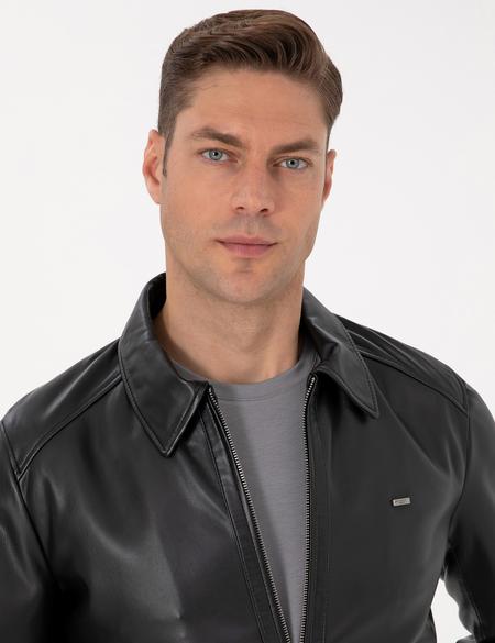 Siyah Gömlek Yaka Suni Deri Ceket - 50318151005