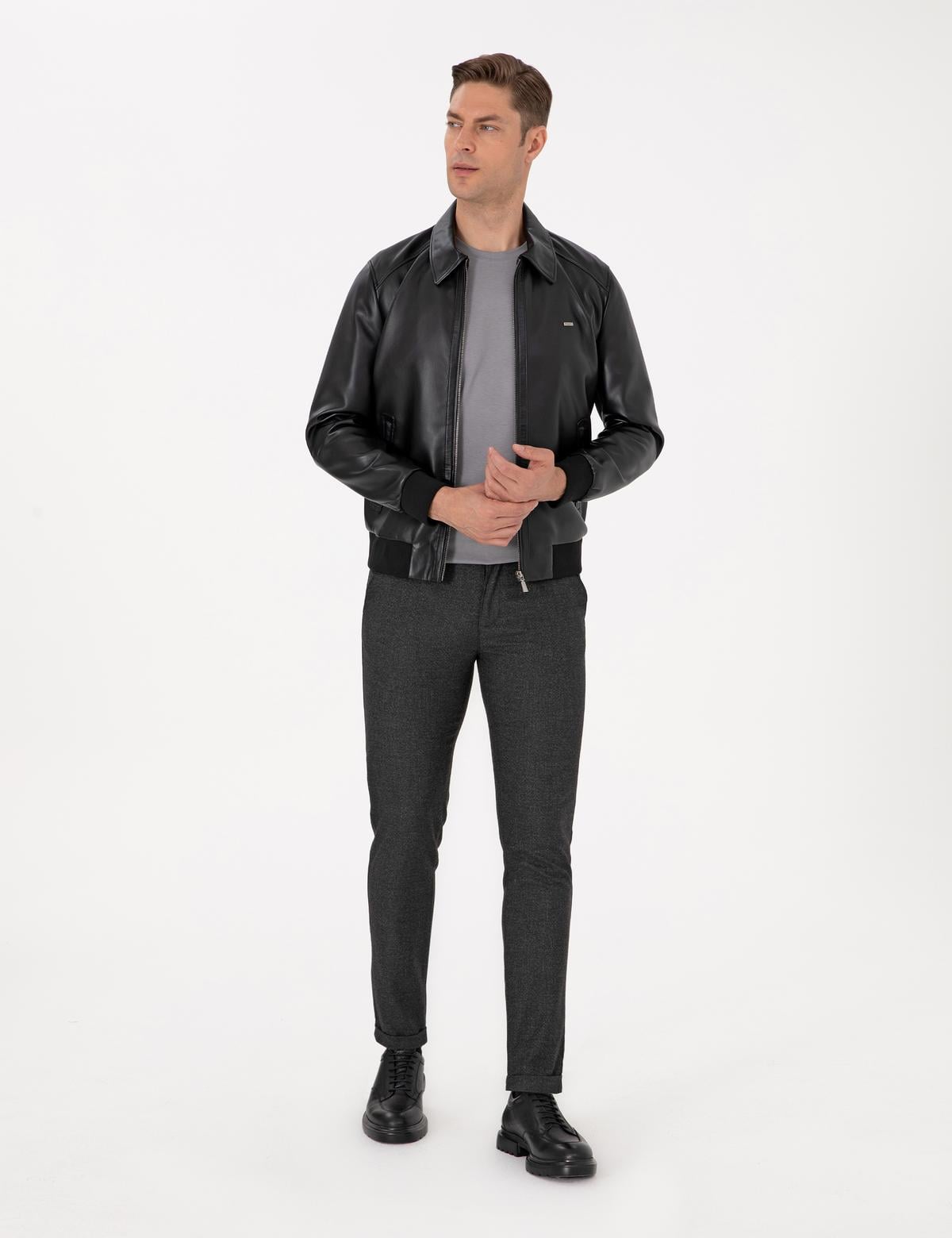 Siyah Gömlek Yaka Suni Deri Ceket - 50318151005