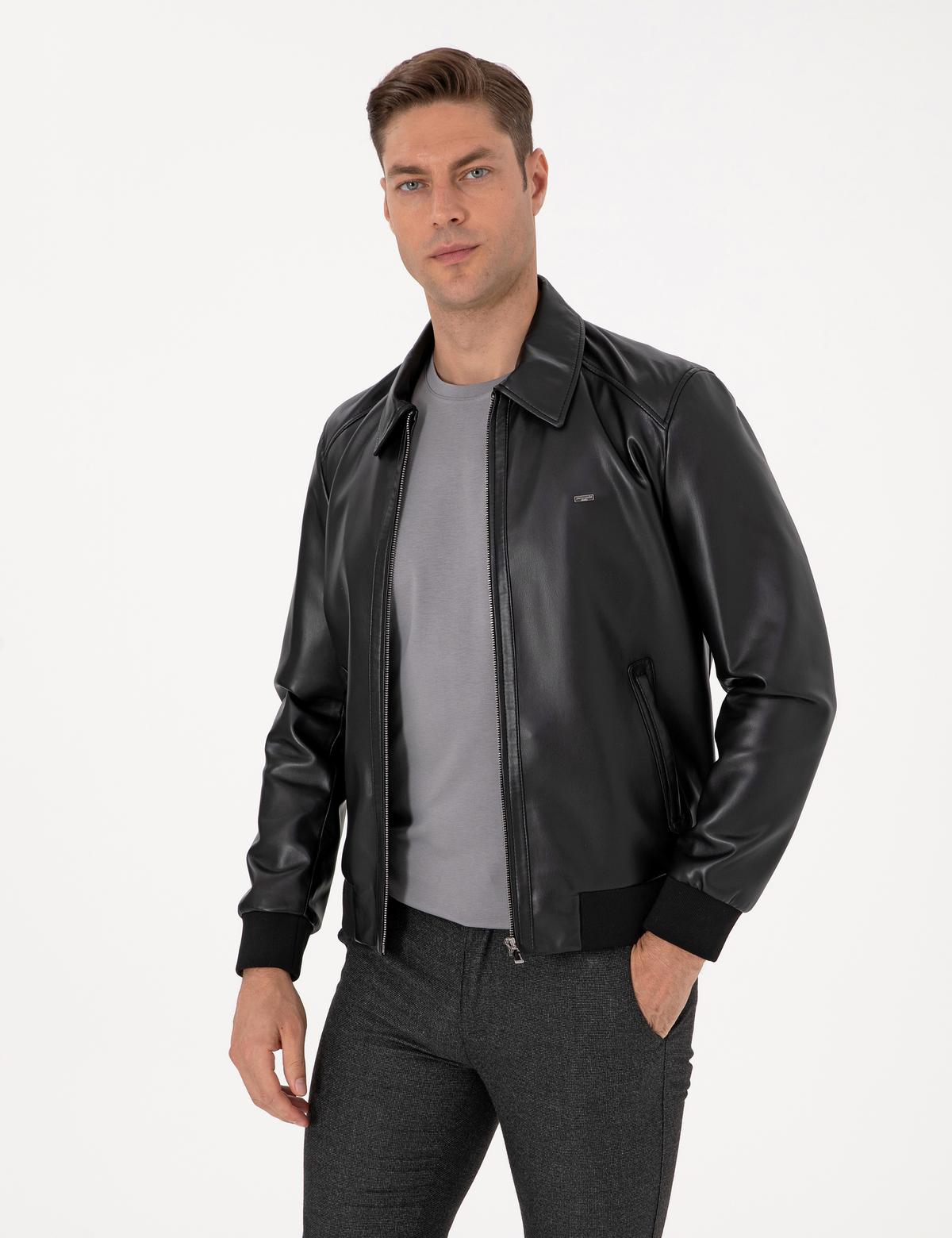 Siyah Gömlek Yaka Suni Deri Ceket