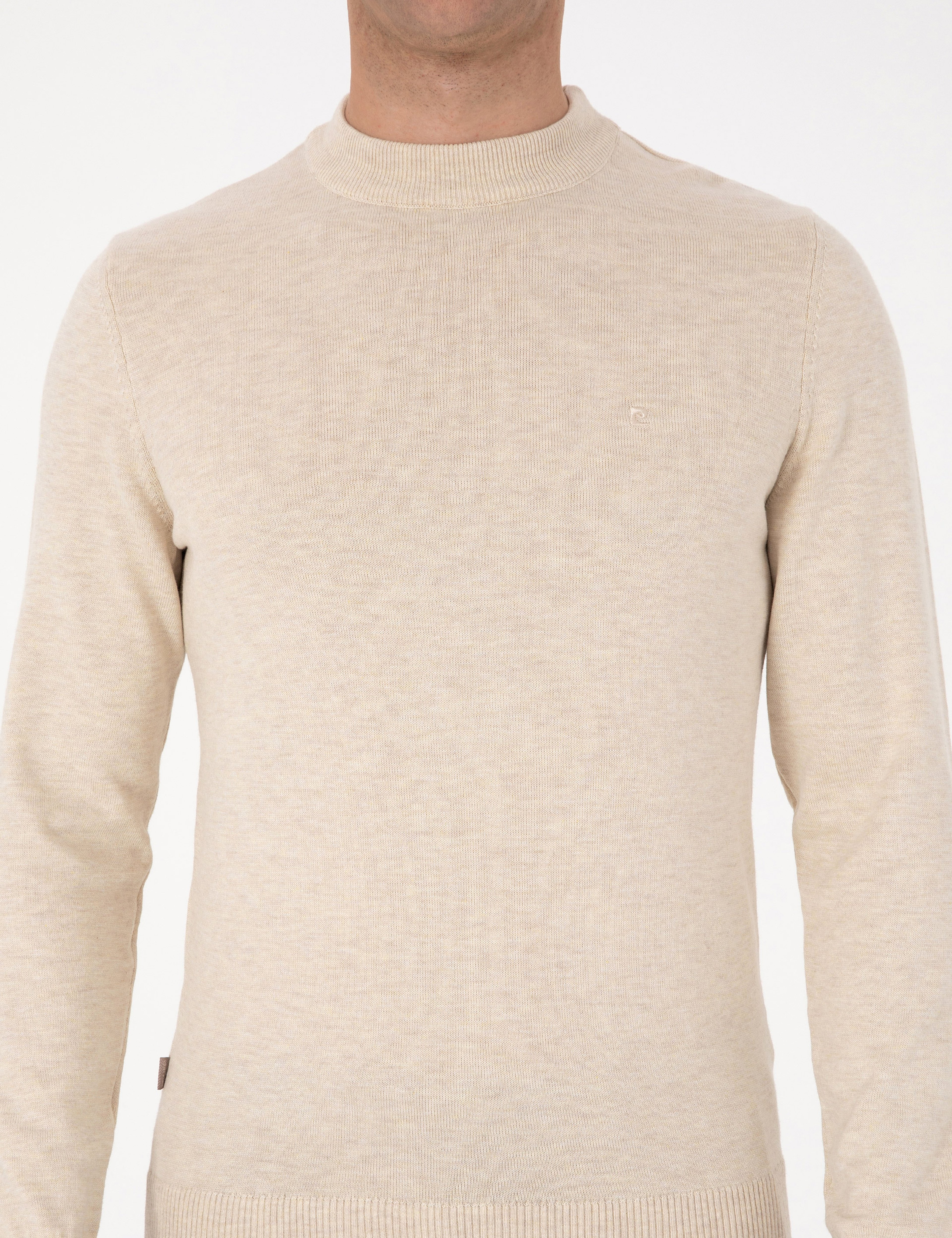 Krem Melanj Slim Fit Çeyrek Yaka Basic Triko Kazak