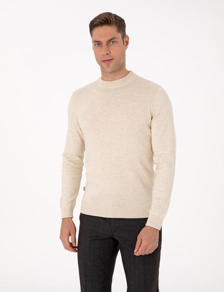 Krem Melanj Slim Fit Çeyrek Yaka Basic Triko Kazak - 50315456067