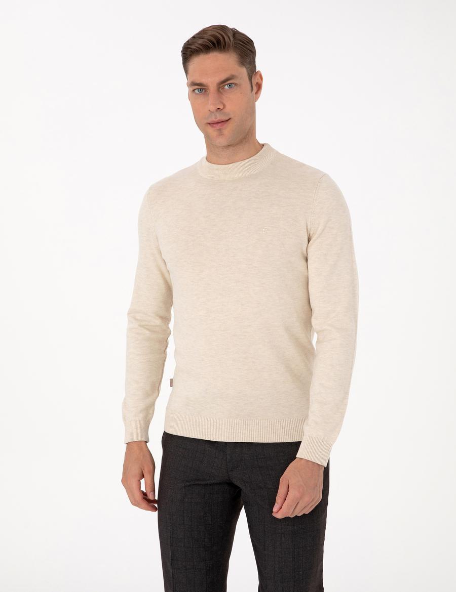 Krem Melanj Slim Fit Çeyrek Yaka Basic Triko Kazak