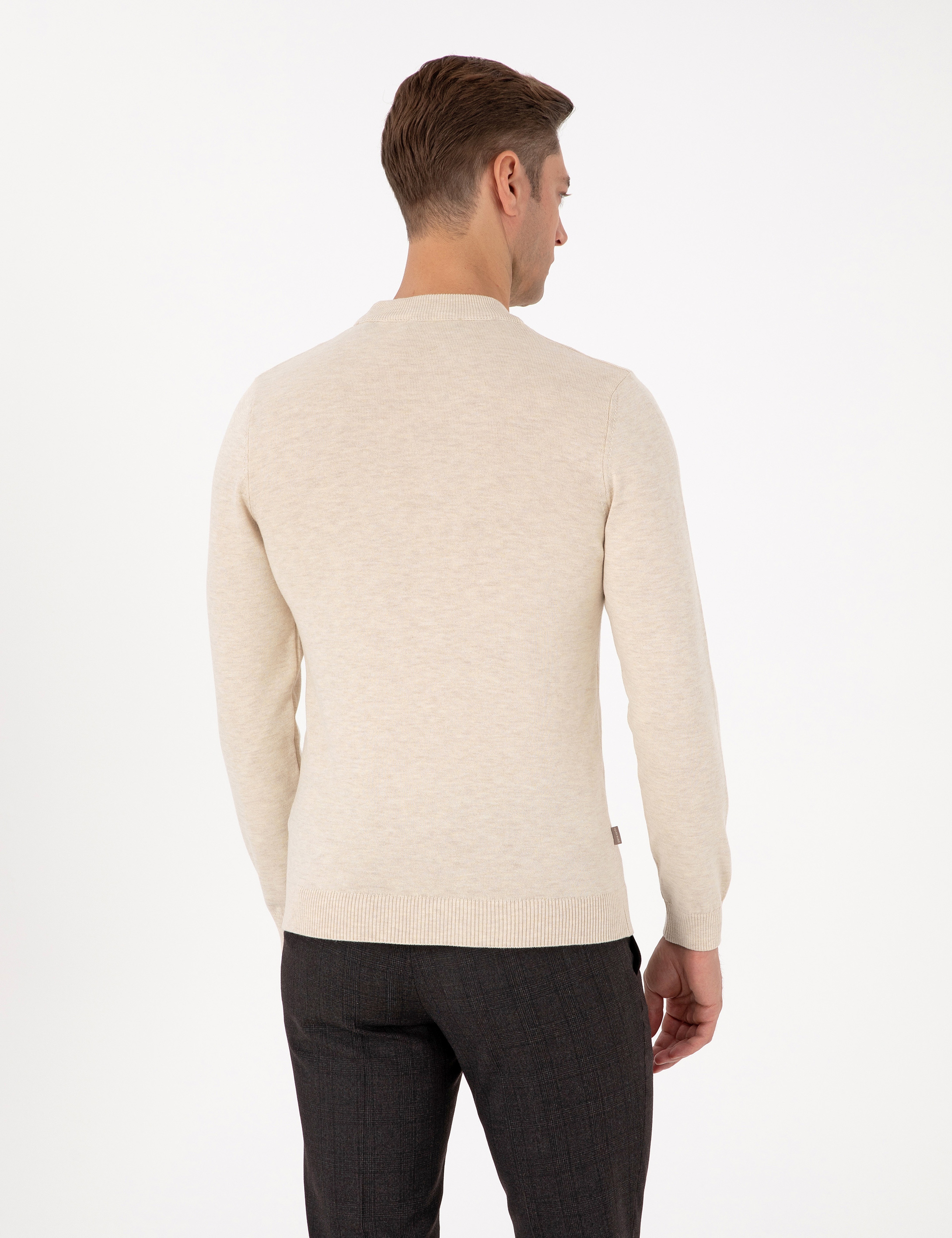 Krem Melanj Slim Fit Çeyrek Yaka Basic Triko Kazak - Image 5