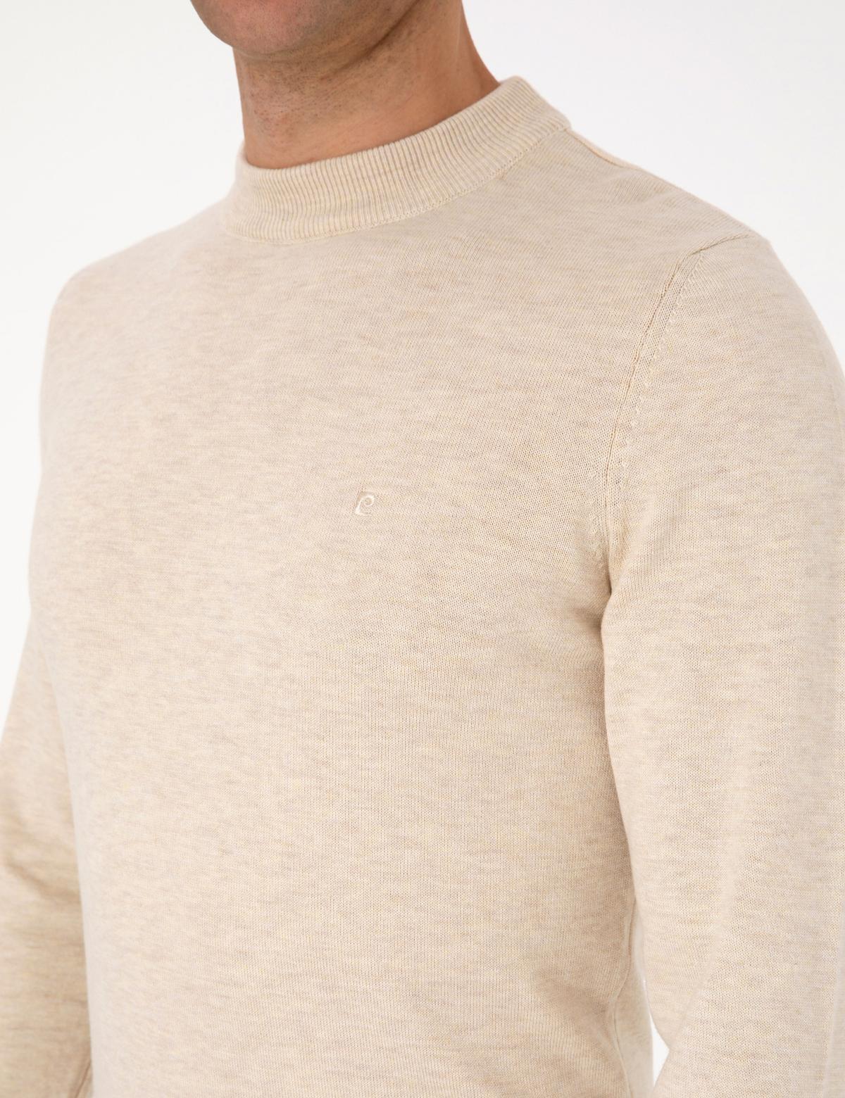 Krem Melanj Slim Fit Çeyrek Yaka Basic Triko Kazak - 50315456067