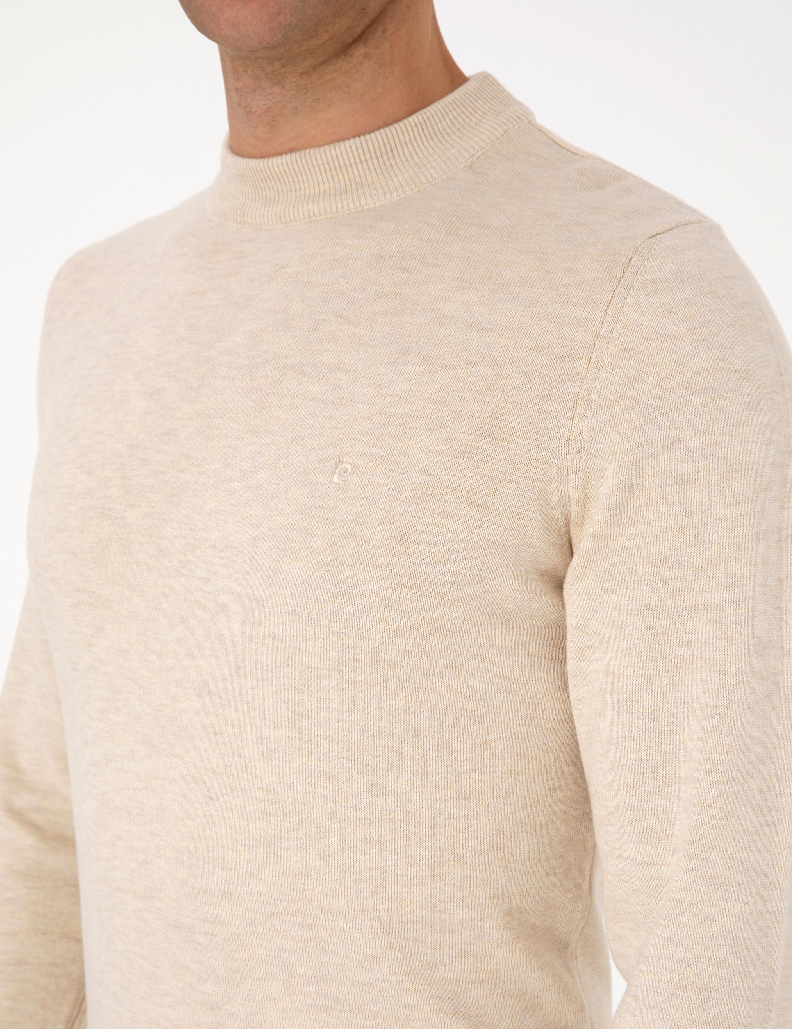 Krem Melanj Slim Fit Çeyrek Yaka Basic Triko Kazak