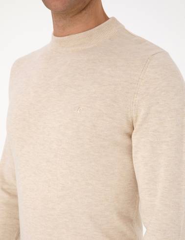 Krem Melanj Slim Fit Çeyrek Yaka Basic Triko Kazak
