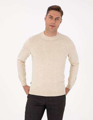 Krem Melanj Slim Fit Çeyrek Yaka Basic Triko Kazak