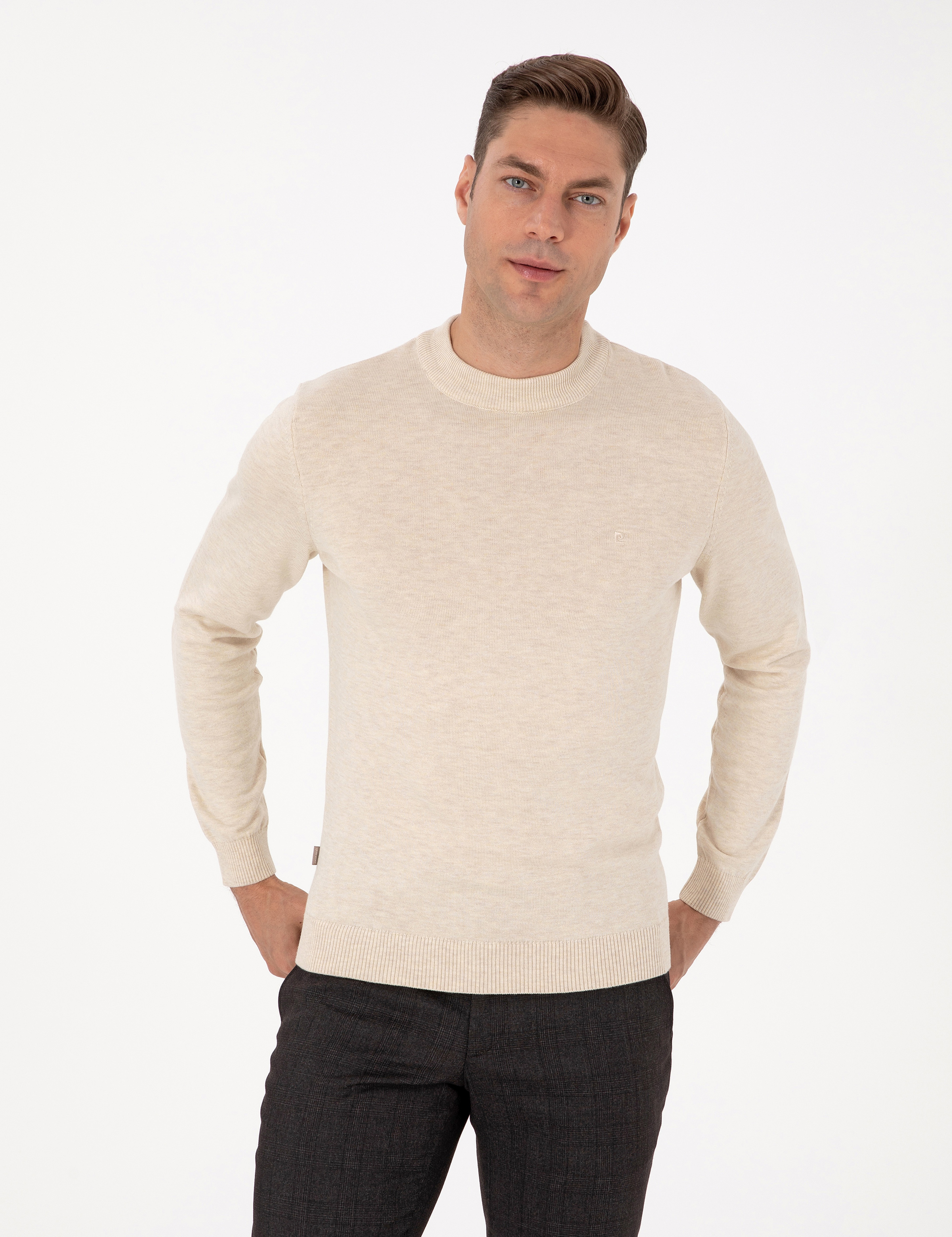 Krem Melanj Slim Fit Çeyrek Yaka Basic Triko Kazak - Image 3