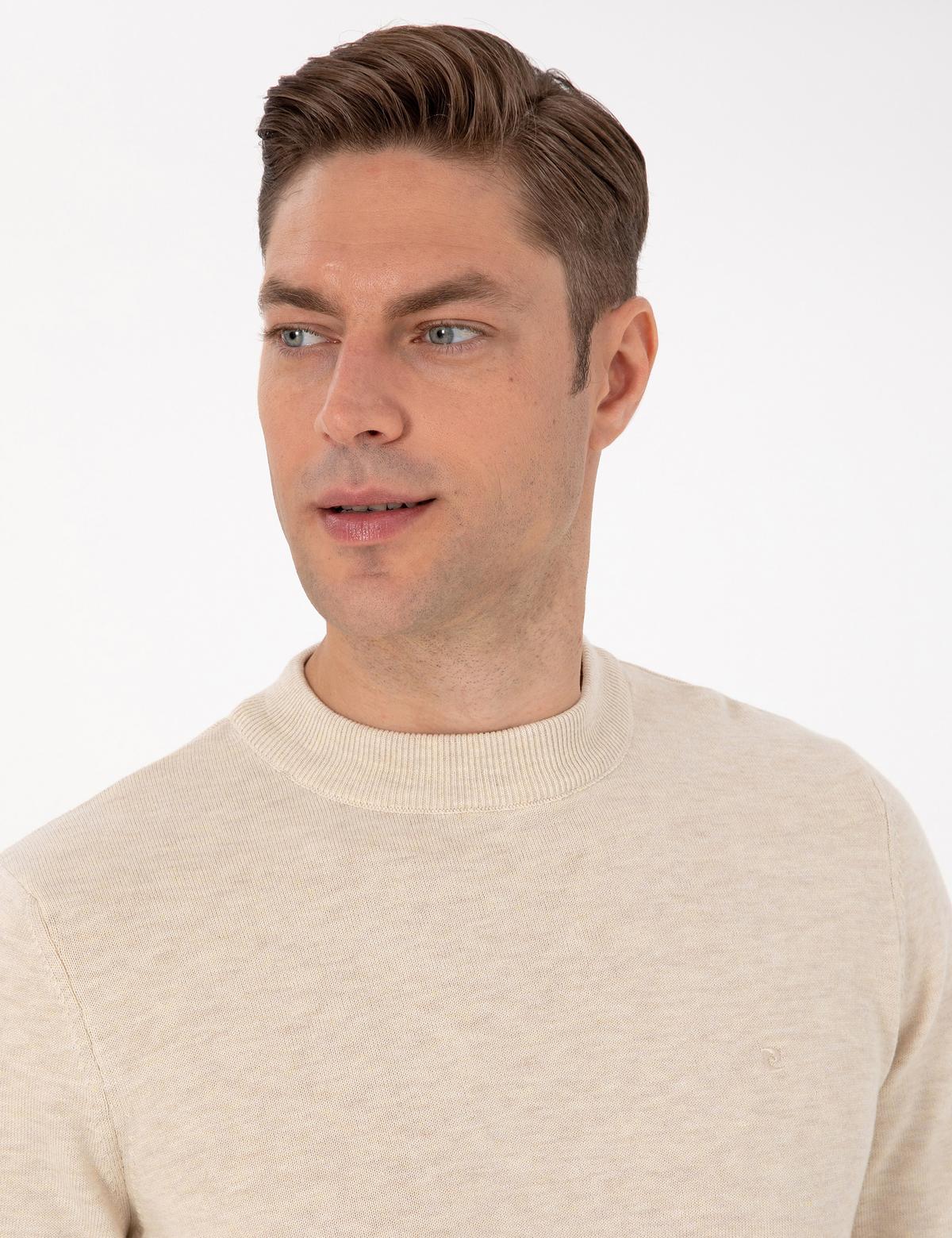 Krem Melanj Slim Fit Çeyrek Yaka Basic Triko Kazak - 50315456067