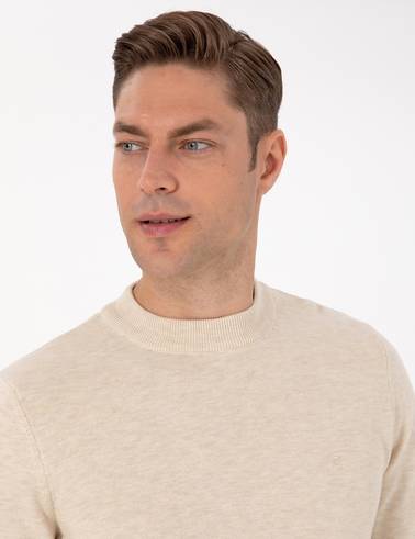 Krem Melanj Slim Fit Çeyrek Yaka Basic Triko Kazak