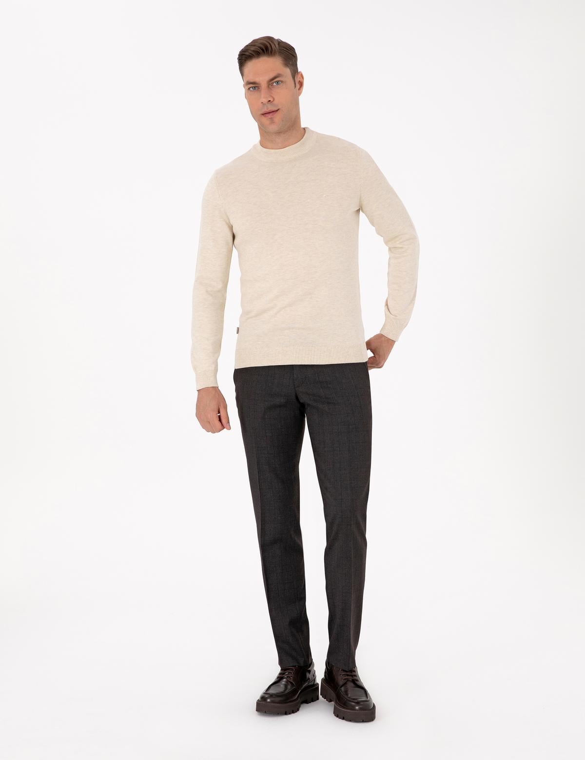 Krem Melanj Slim Fit Çeyrek Yaka Basic Triko Kazak - 50315456067