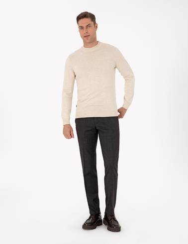 Krem Melanj Slim Fit Çeyrek Yaka Basic Triko Kazak