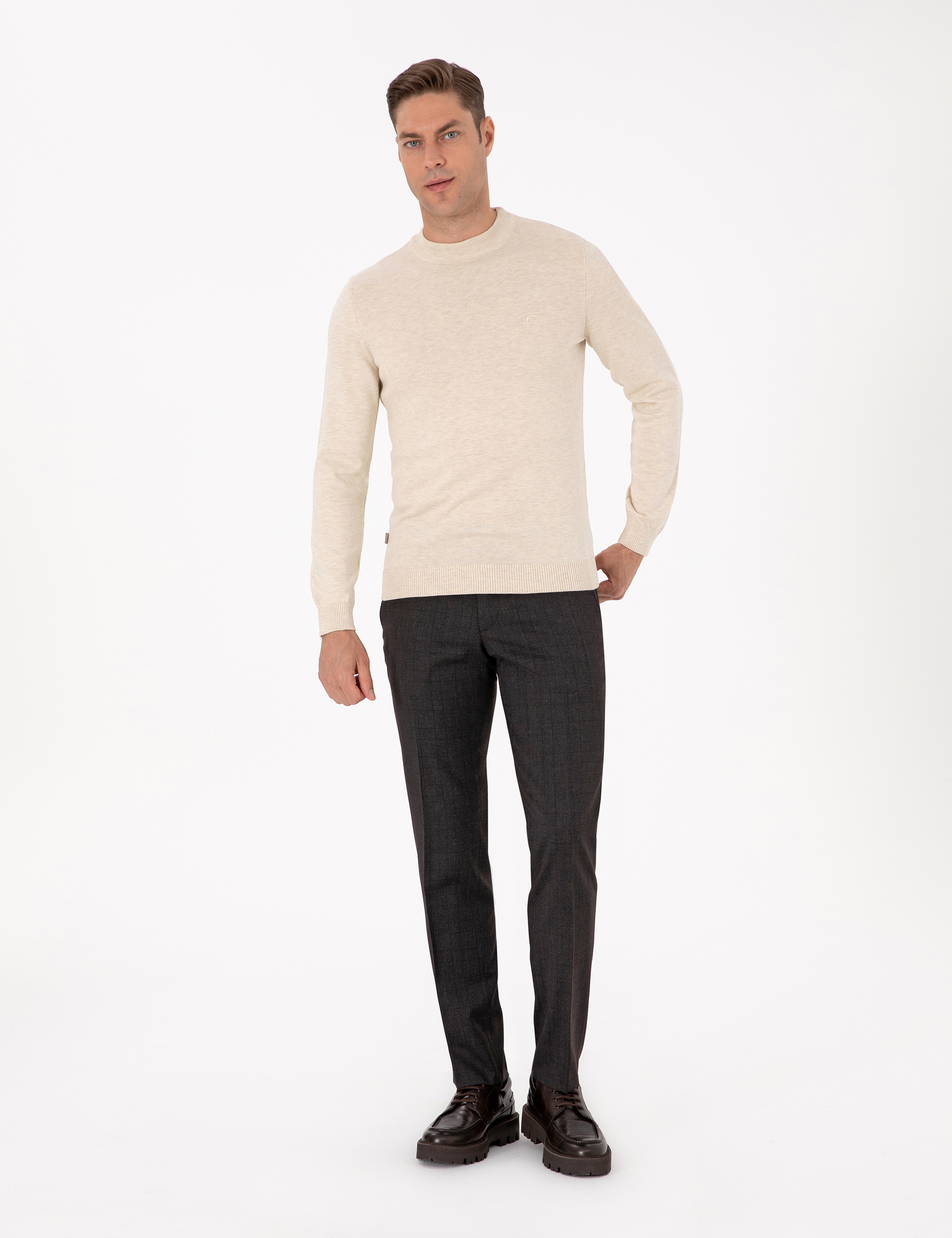 Krem Melanj Slim Fit Çeyrek Yaka Basic Triko Kazak - Image 4