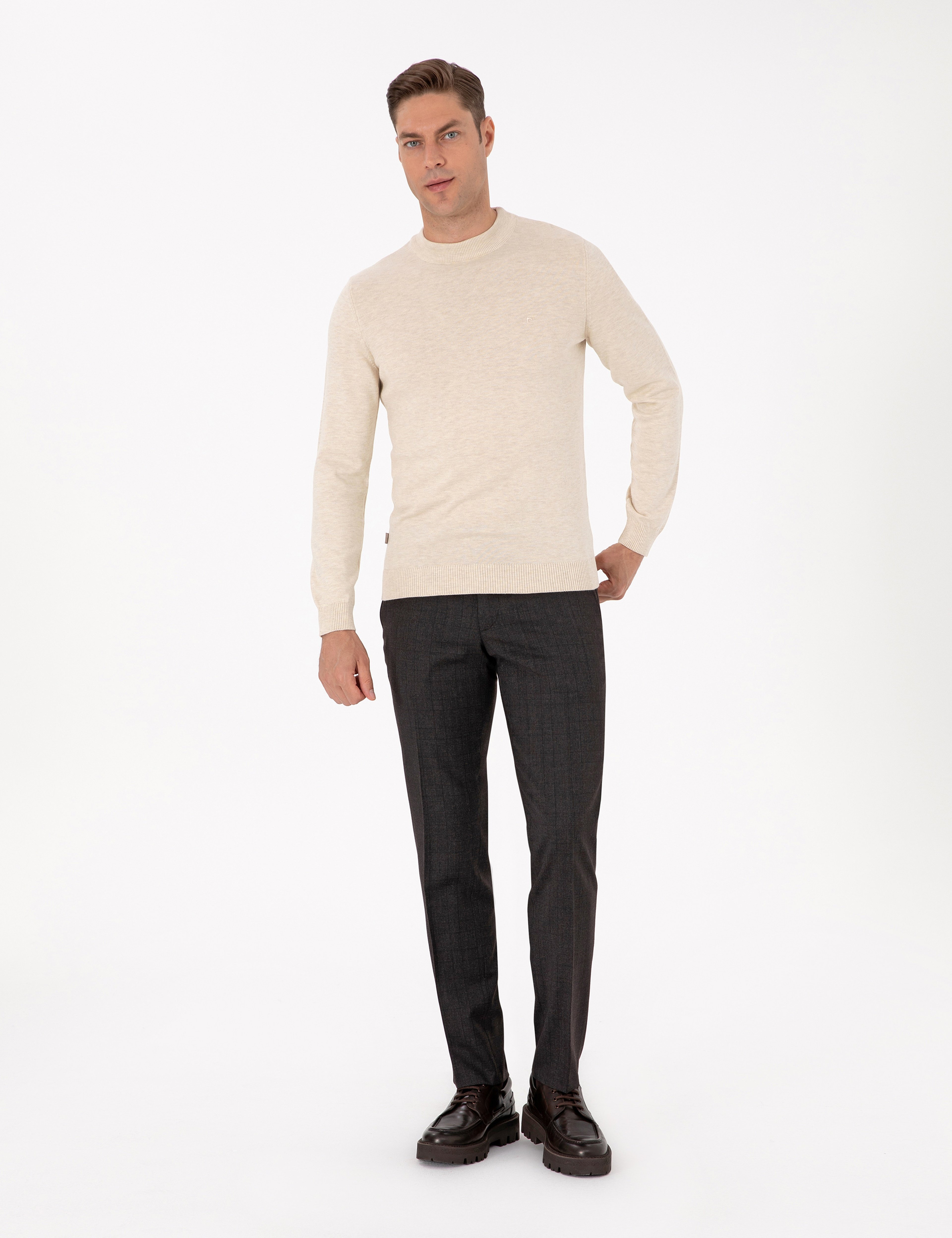 Krem Melanj Slim Fit Çeyrek Yaka Basic Triko Kazak
