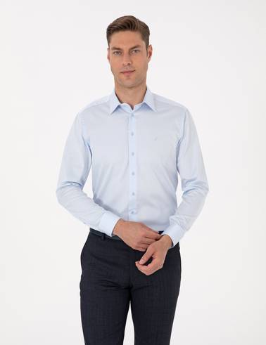 Açık Mavi %100 Pamuk Parlak Saten Slim Fit Uzun Kollu Basic Gömlek