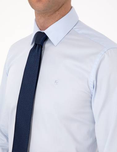 Açık Mavi %100 Pamuk Parlak Saten Slim Fit Uzun Kollu Basic Gömlek
