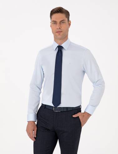 Açık Mavi %100 Pamuk Parlak Saten Slim Fit Uzun Kollu Basic Gömlek